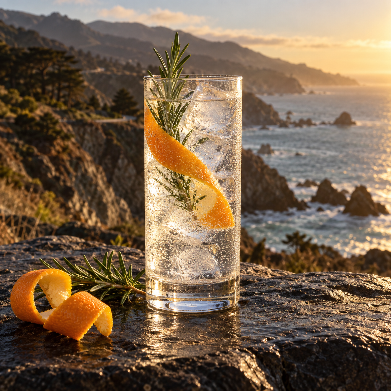 Bixby Dry Gin served with Fever-Tree Indian Tonic Water, garnished with Orange peel and Rosemary sprig