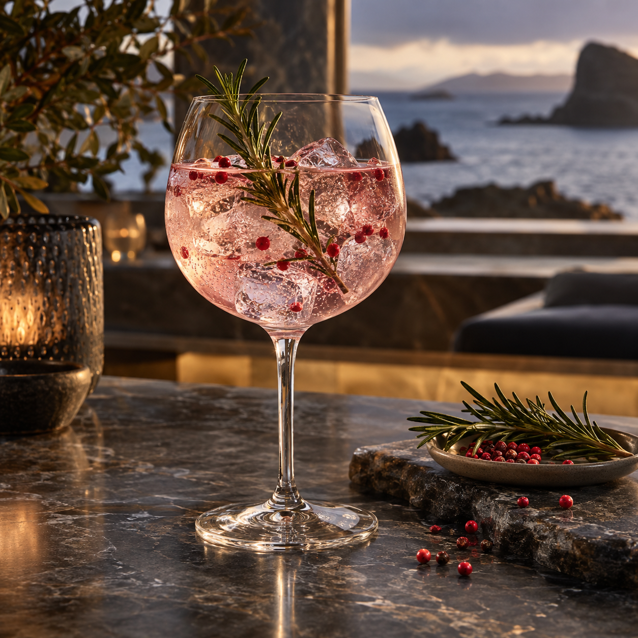 Gidley Pinot Noir Gin served with Fever-Tree Indian Tonic Water, garnished with Rosemary sprig and Pink peppercorns