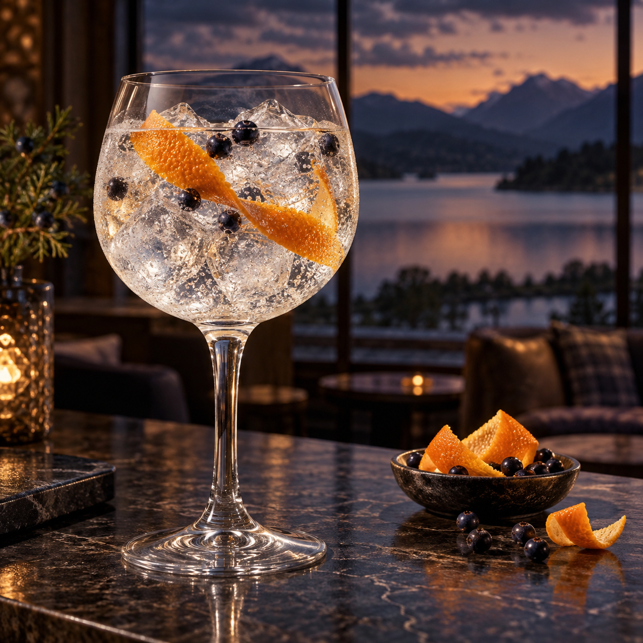 Pennington's Lakeland Moon Gin servi avec Fever-Tree Mediterranean Tonic Water, agrémenté de Orange peel et Juniper berries