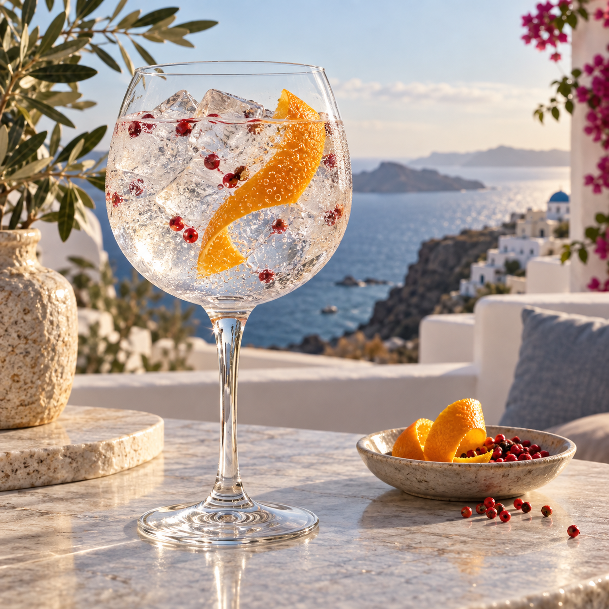 Grace Gin Charis served with Fever-Tree Mediterranean Tonic Water, garnished with Orange peel and Pink peppercorns