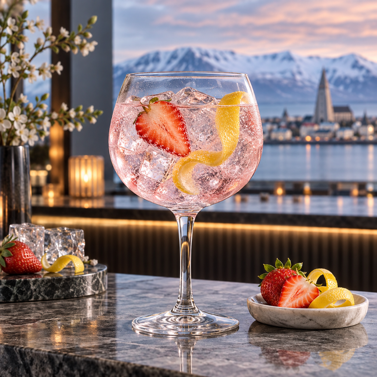 Reykjavik Pink Gin served with Fever-Tree Elderflower Tonic Water, garnished with Strawberry slice and Lemon peel