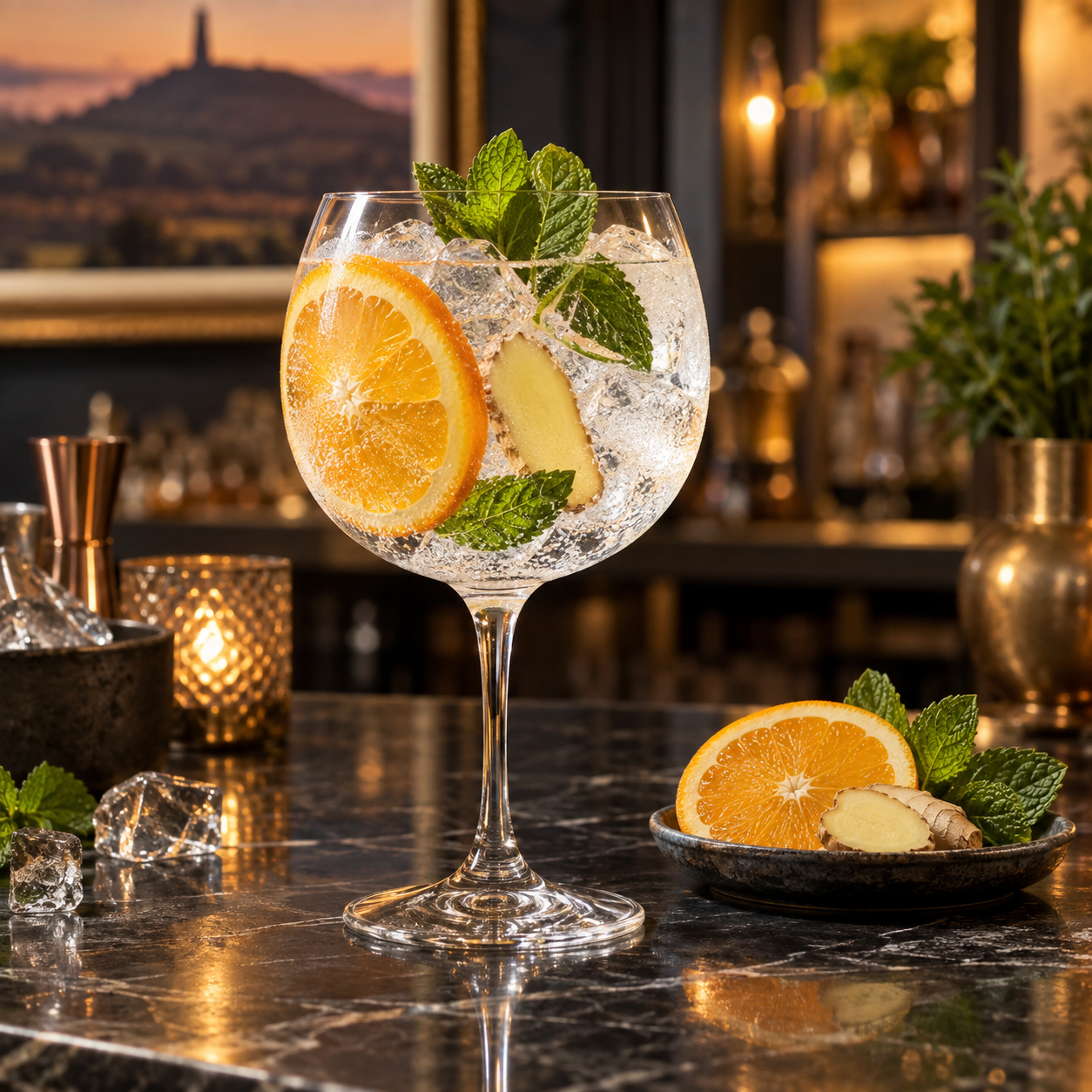 Spirit of Glastonbury Spiced Orange & Ginger Gin served with Fever-Tree Indian Tonic Water, garnished with Orange slice and Ginger slice