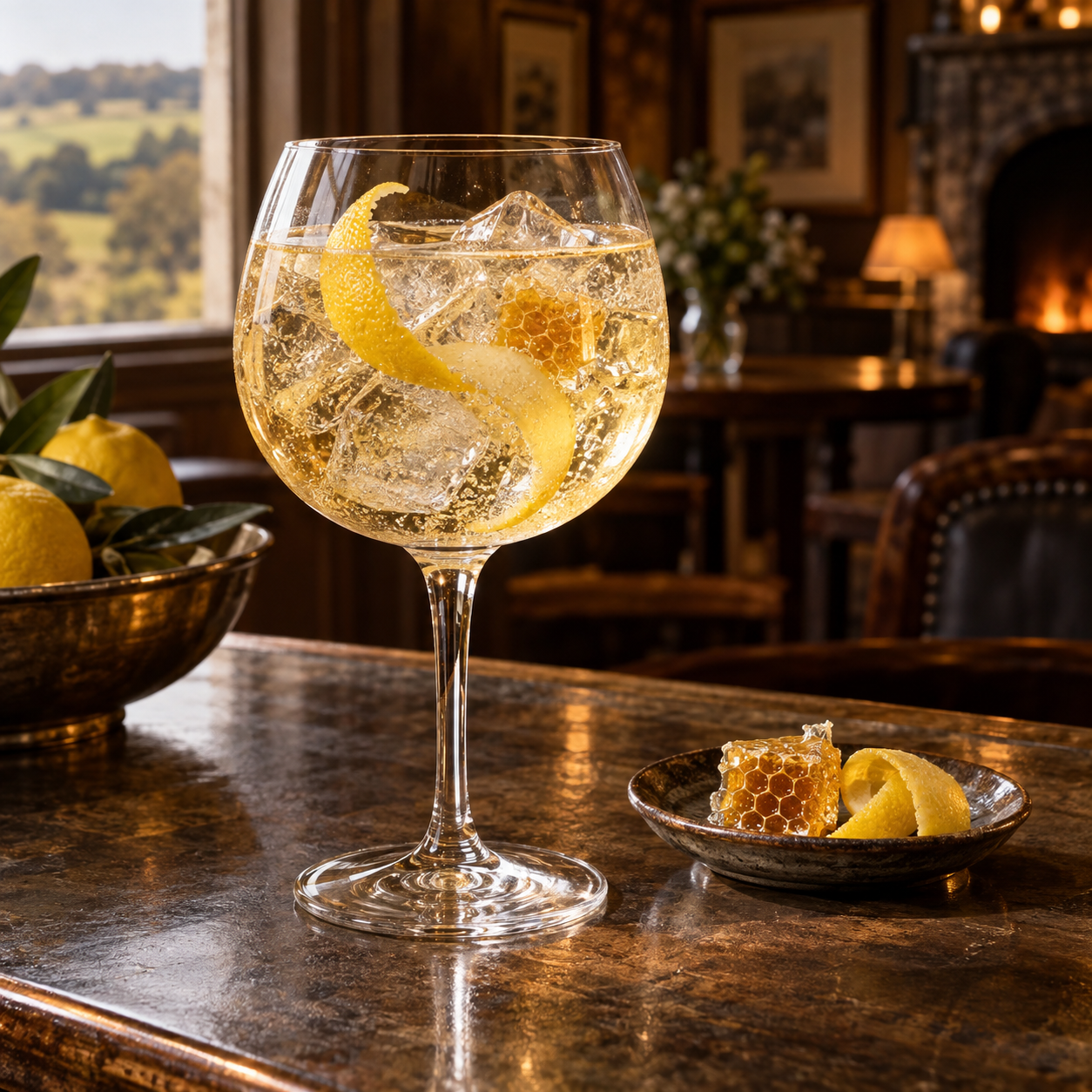 Uncommon Distillery Local Honey Old Tom Gin served with Fever-Tree Indian Tonic Water, garnished with Lemon peel and Honeycomb