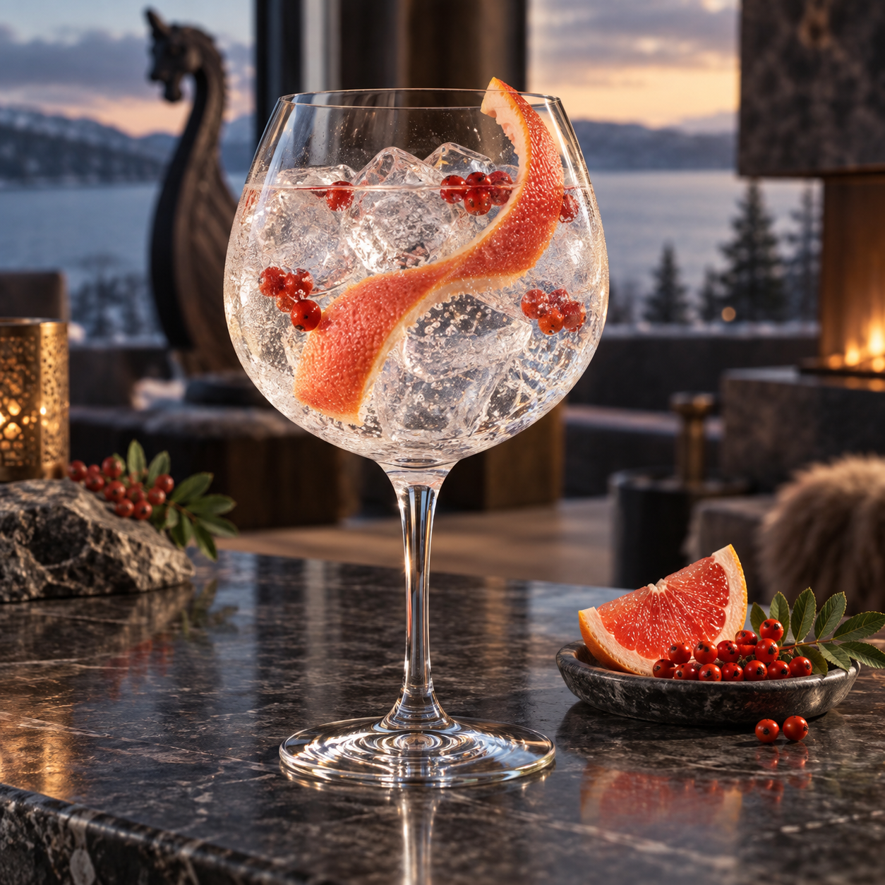 Gindome Viking Dry Gin served with Fever-Tree Indian Tonic Water, garnished with Grapefruit peel and Rowan berries