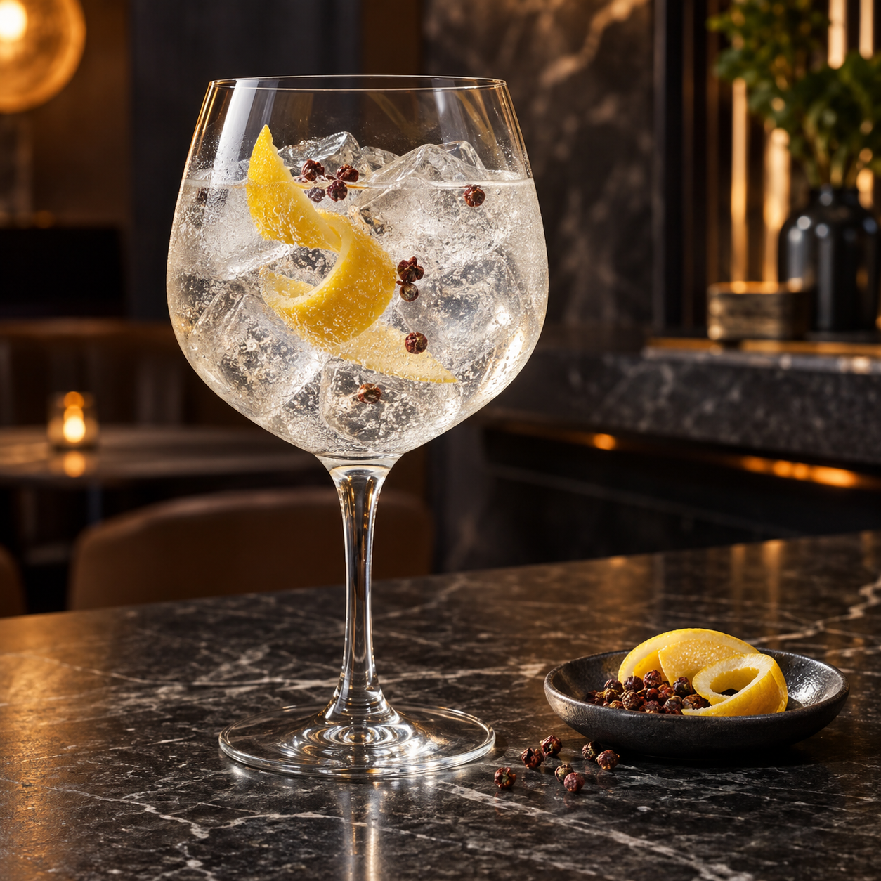100&NOMORE Sichuan Gin served with Fever-Tree Indian Tonic Water, garnished with Lemon twist and Sichuan peppercorns