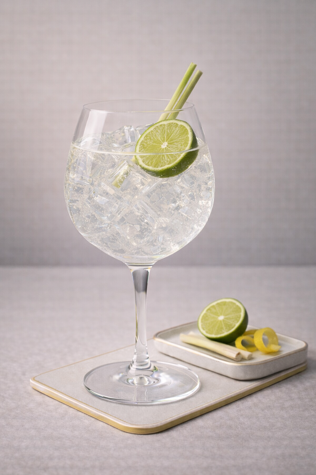 Ghost in a Bottle Citrus Gin servi avec Thomas Henry Tonic Water, agrémenté de Lime wheel et Lemongrass stalk