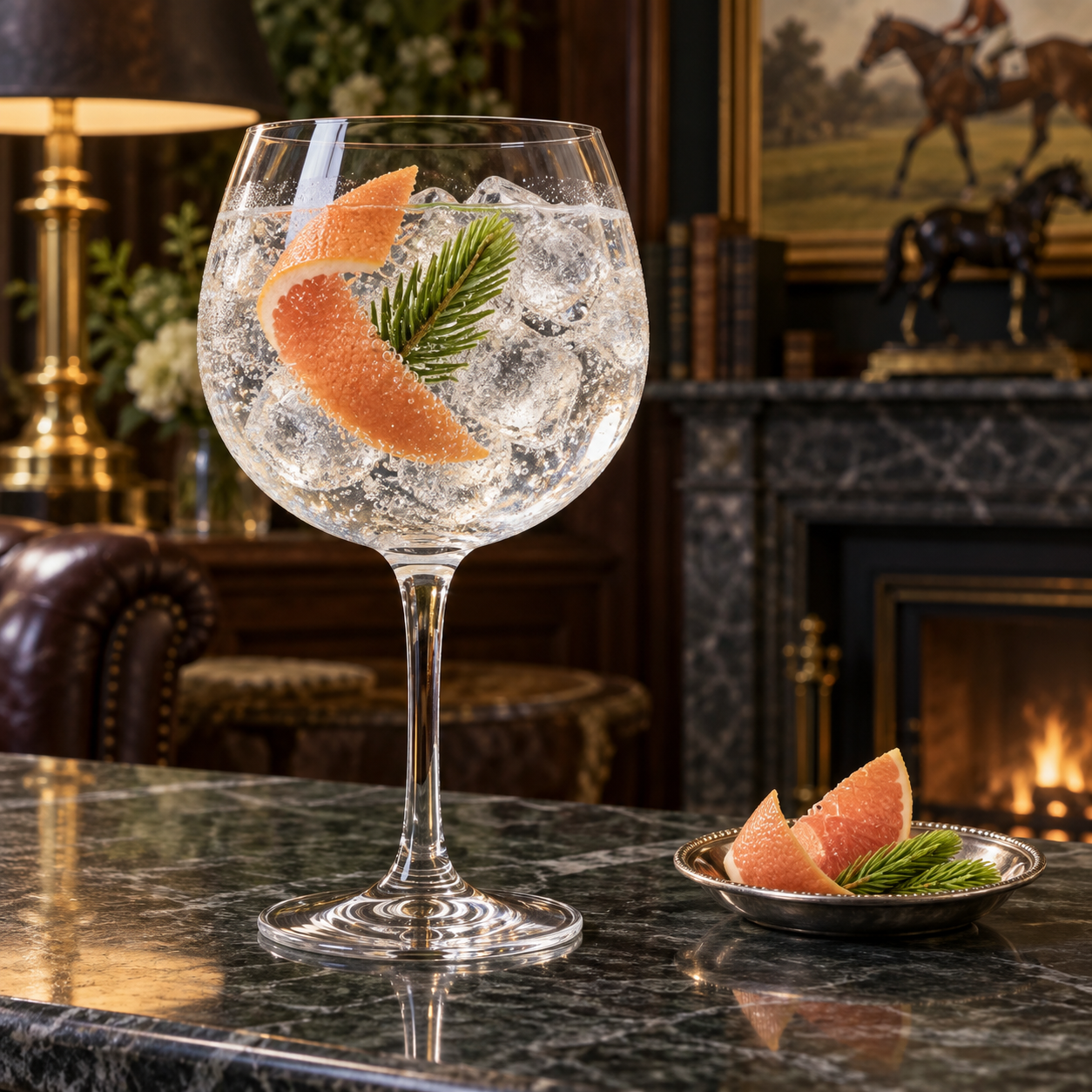 Steeplechase The Thoroughbred Navy Strength Gin served with Fever-Tree Indian Tonic Water, garnished with Grapefruit peel and Spruce tip