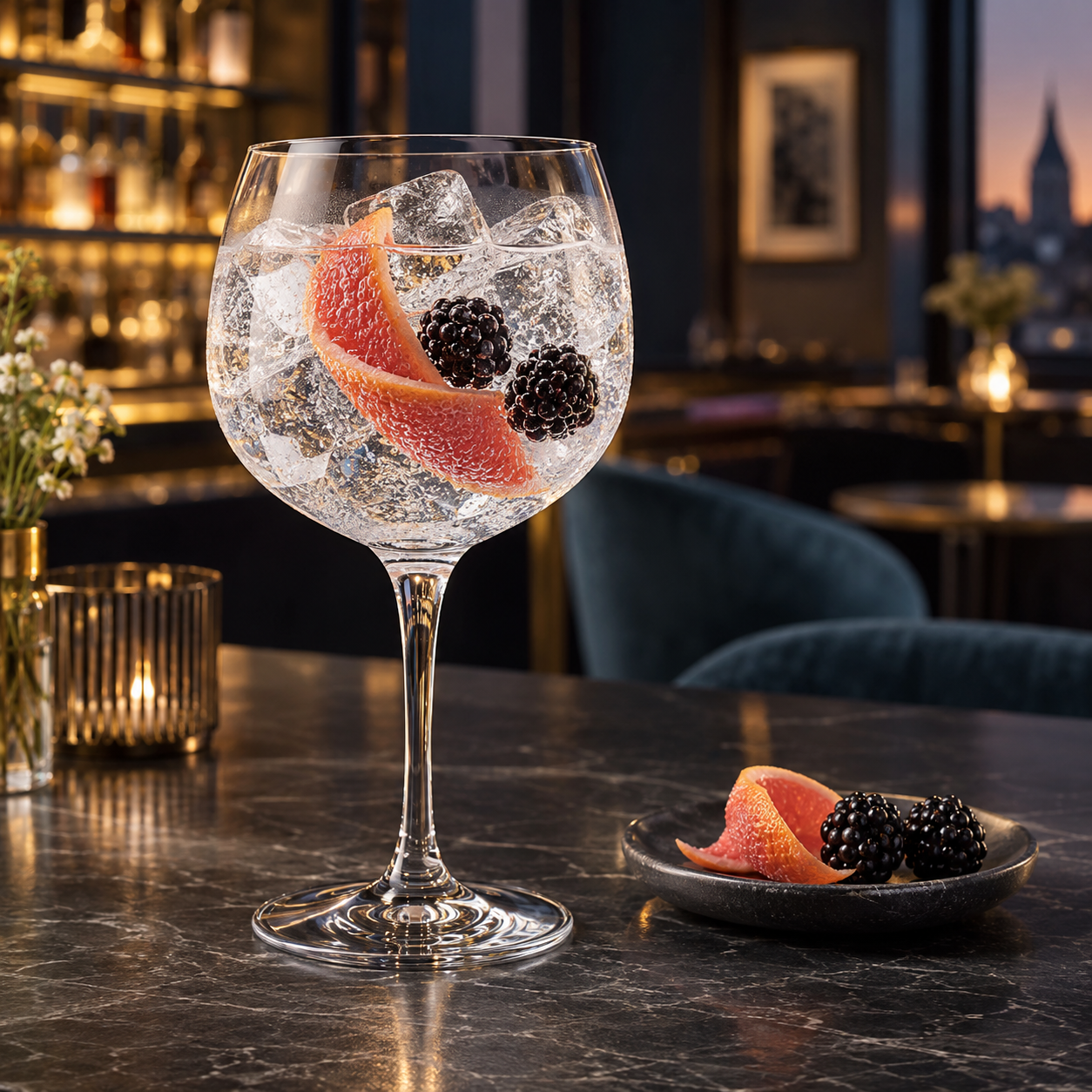 Sky Wave Signature London Dry Gin served with Fever-Tree Indian Tonic Water, garnished with Ruby grapefruit peel and Blackberries