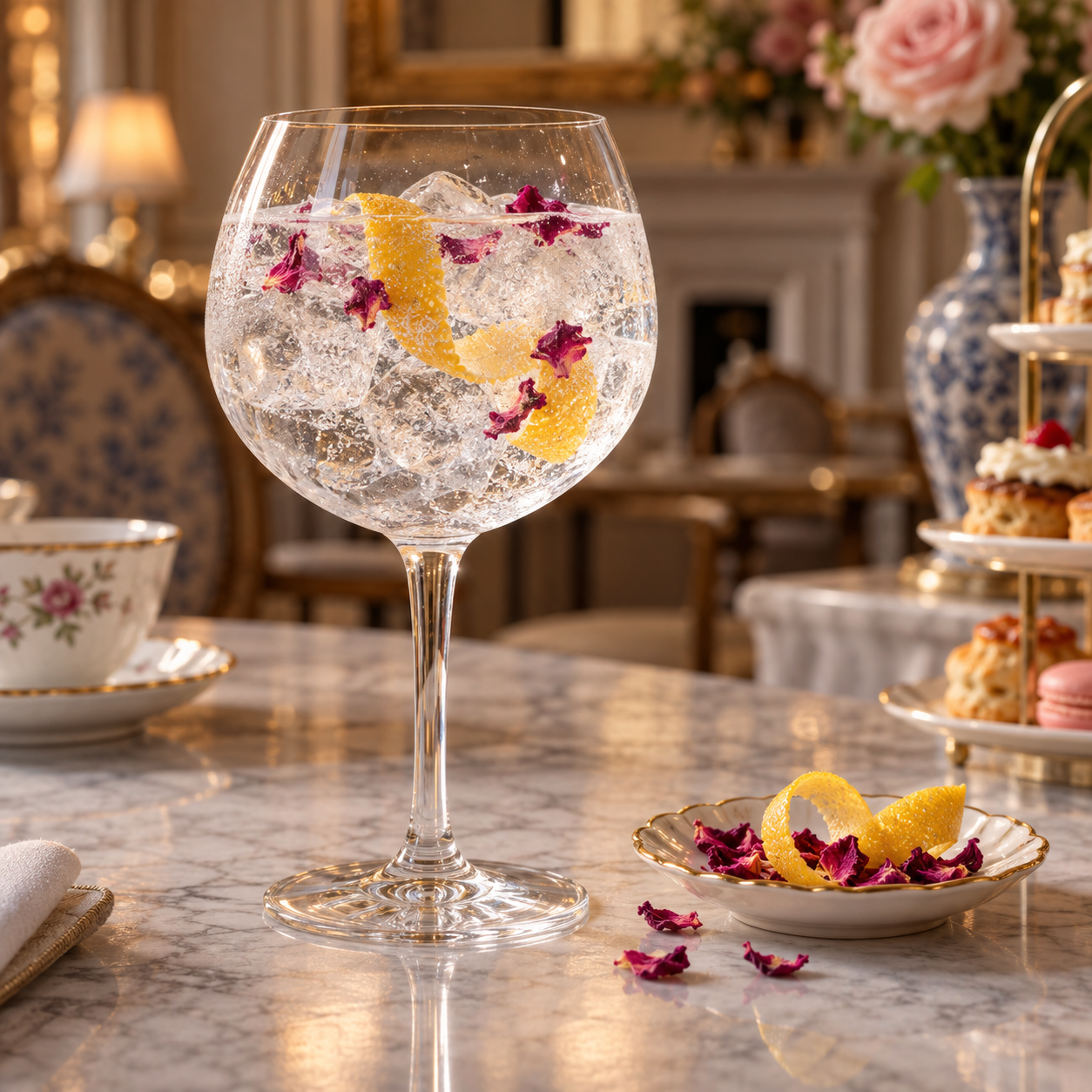 Mayfair High Tea Gin served with Fever-Tree Indian Tonic Water, garnished with Bergamot peel and Rose petals