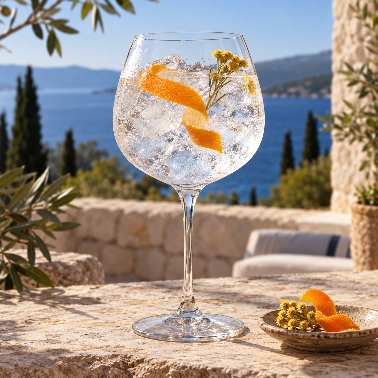 KuSshh Gin served with Fever-Tree Mediterranean Tonic Water, garnished with Orange peel and Immortelle sprig