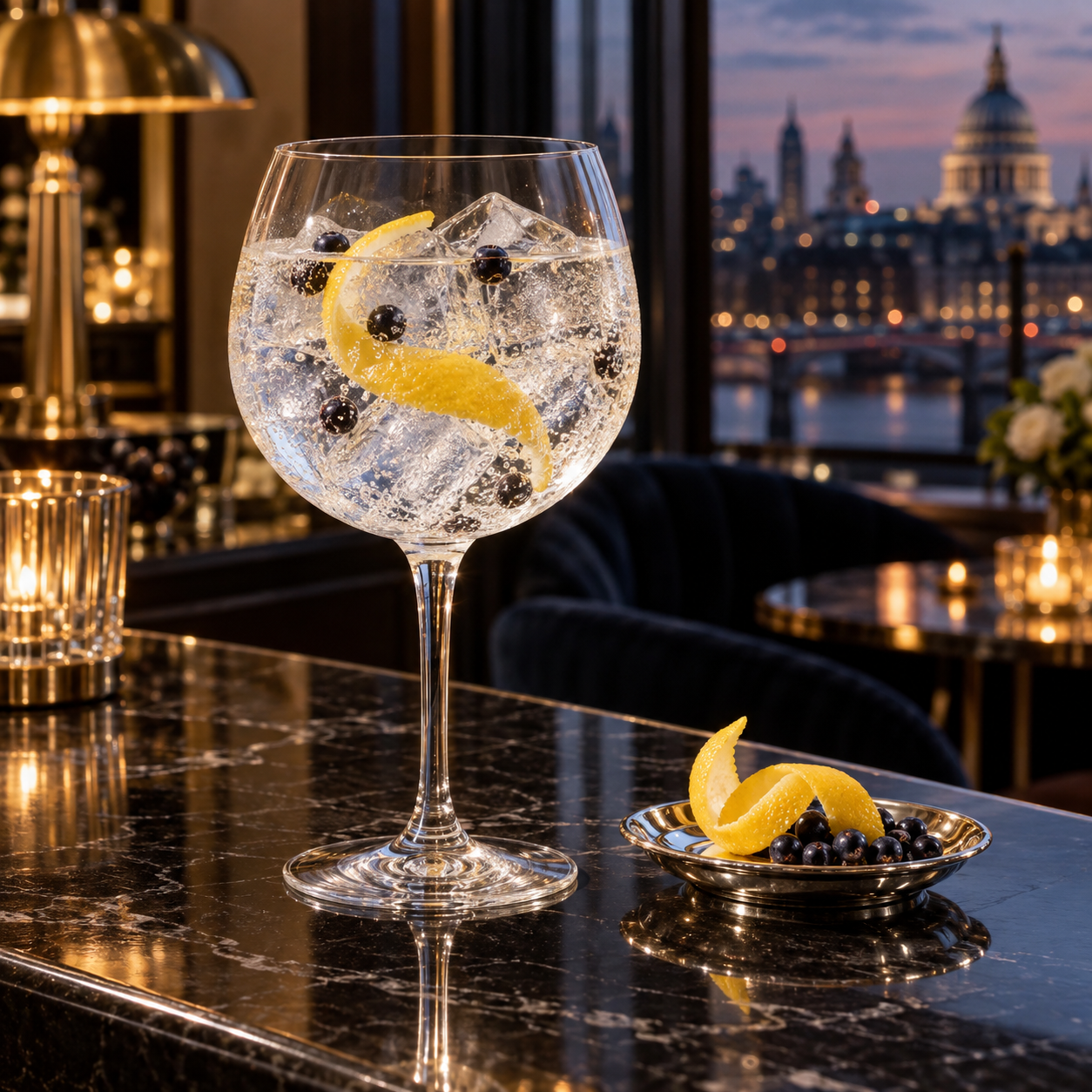 Mayfair Six PM Gin servi avec Fever-Tree Indian Tonic Water, agrémenté de Lemon peel et Juniper berries