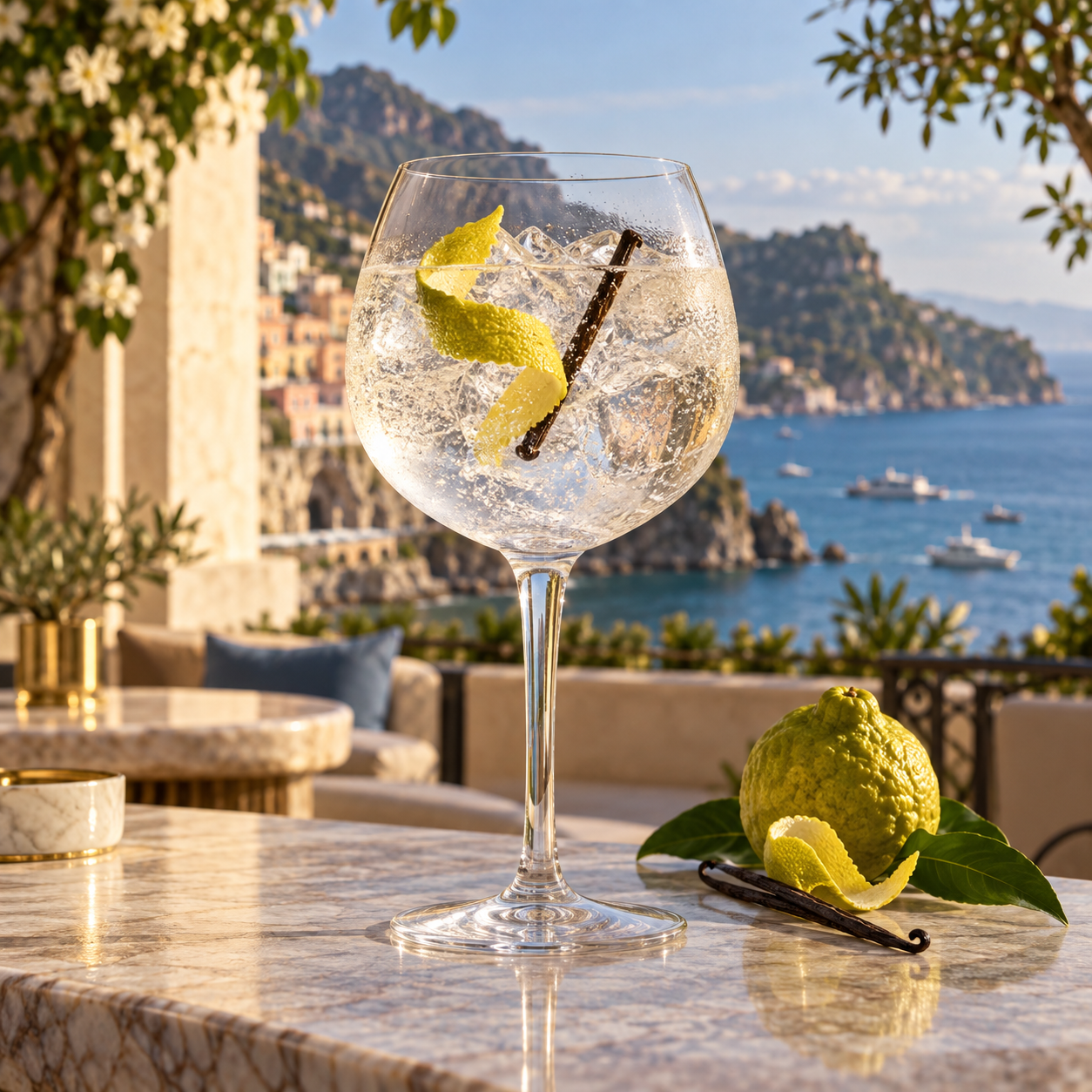 Celestial Gin Superior servi avec Fever-Tree Indian Tonic Water, agrémenté de Bergamot peel et Vanilla pod
