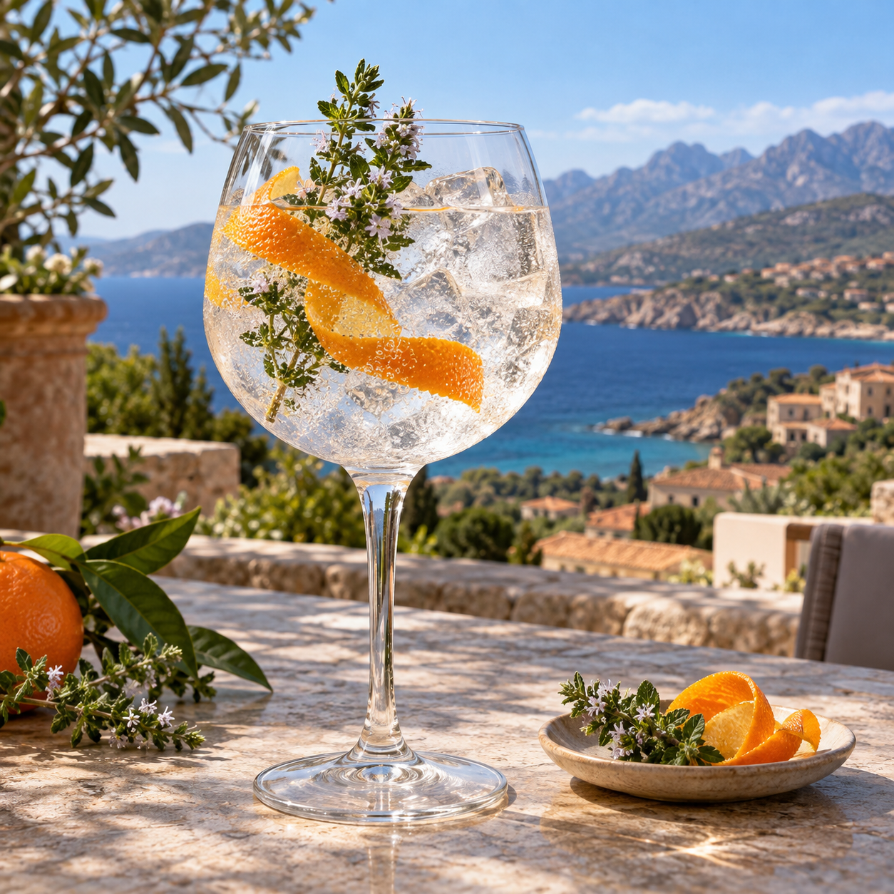 Gin San Roccu served with Fever-Tree Mediterranean Tonic Water, garnished with Clementine peel and Nepita sprig