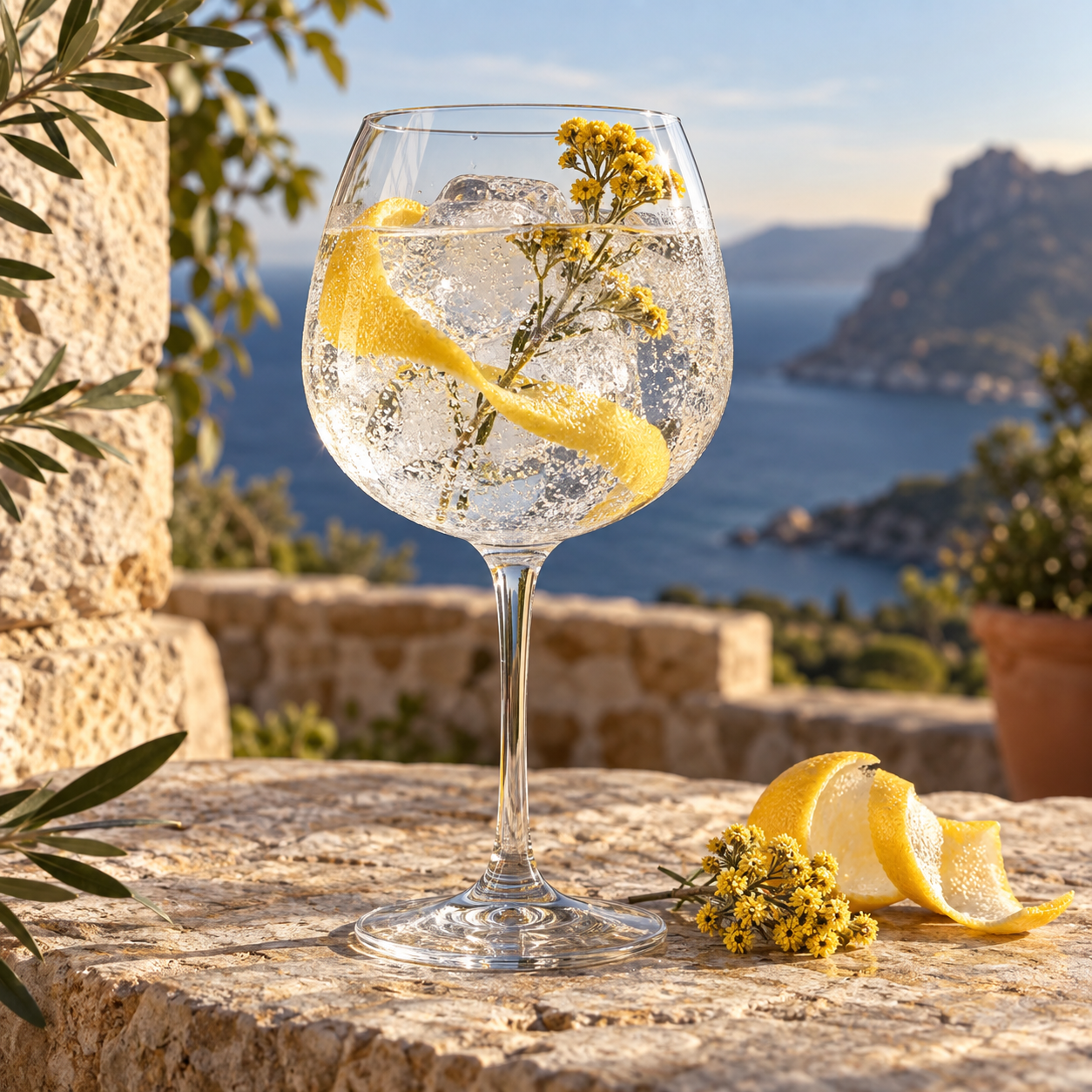 Gin L'Immortel Mattei served with Fever-Tree Mediterranean Tonic Water, garnished with Citron peel and Immortelle sprig