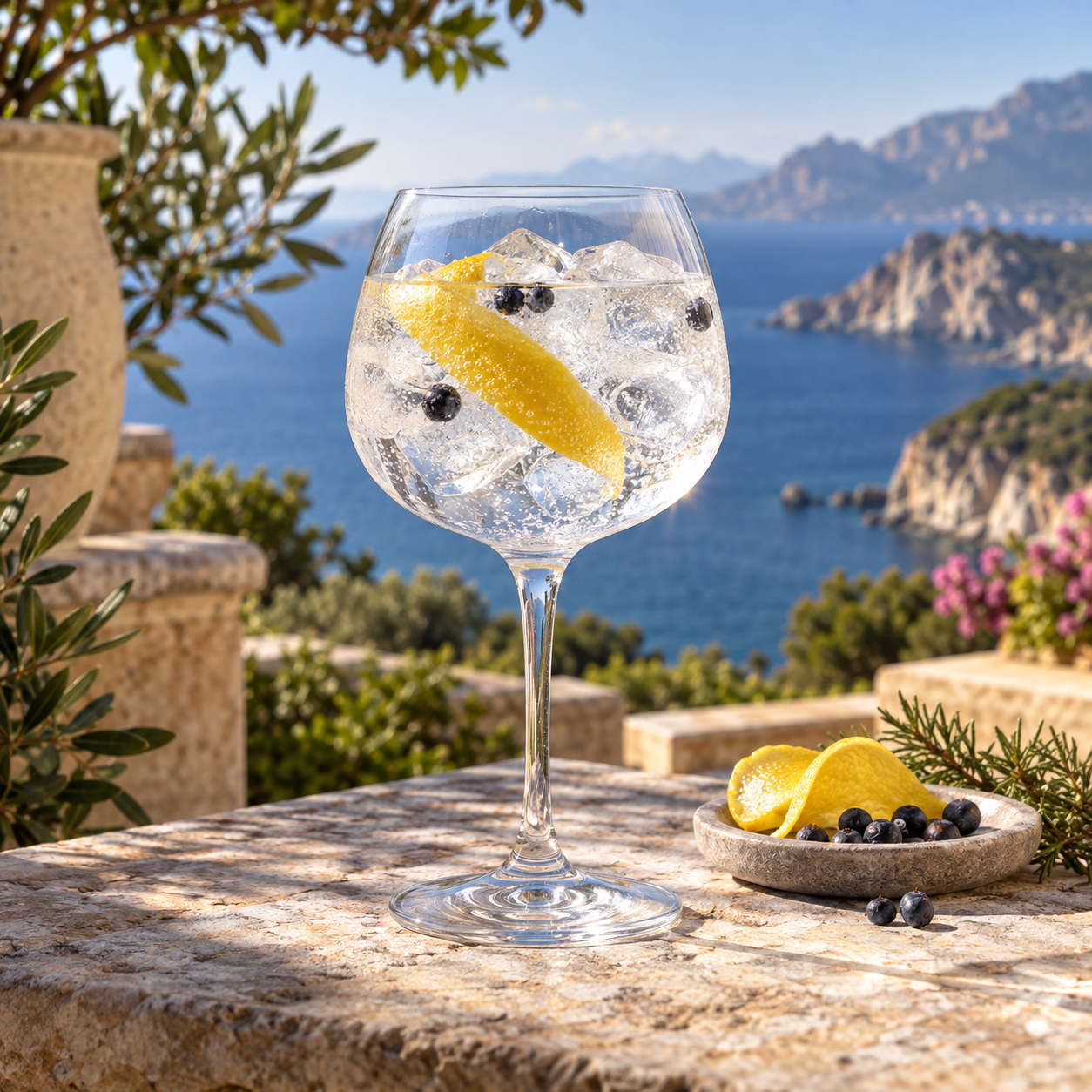 SOLO Wild Gin served with Fever-Tree Mediterranean Tonic Water, garnished with Lemon peel and Juniper berries