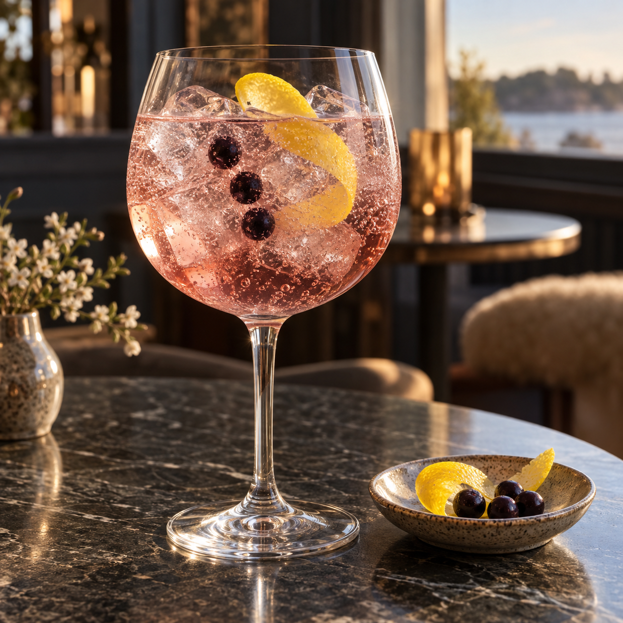 Hernö Sloe Gin served with Fever-Tree Indian Tonic Water, garnished with Lemon peel and Sloe berries