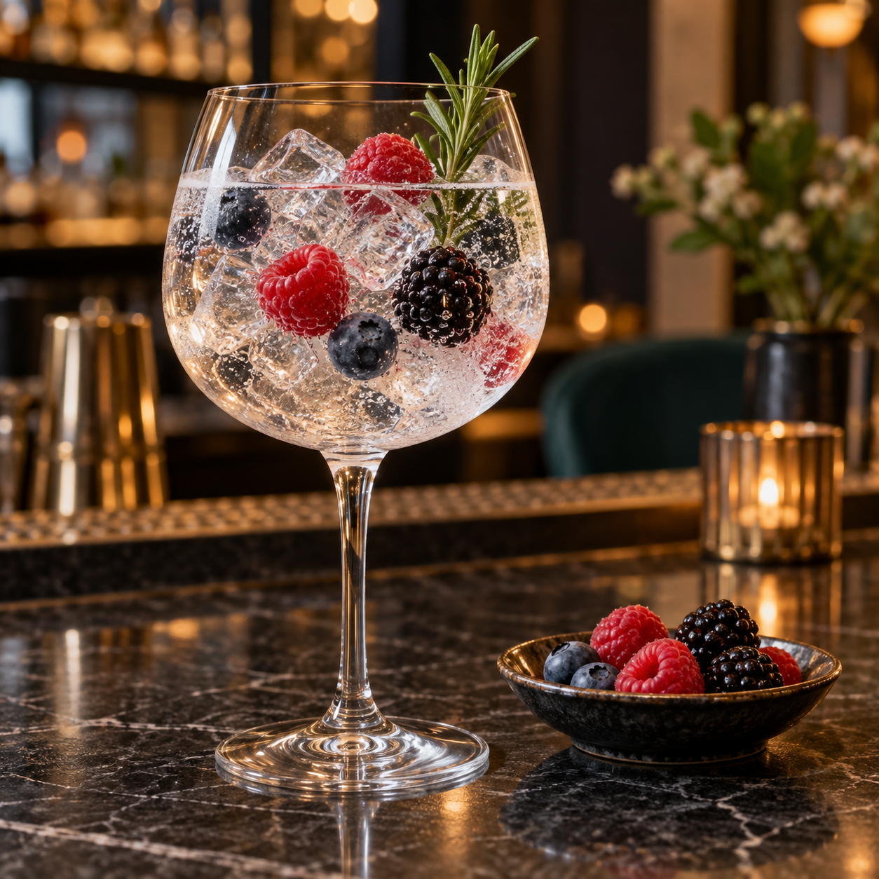 DOA Orobic Berries London Dry Gin served with Fever-Tree Refreshingly Light Tonic Water, garnished with Raspberry and Blueberry