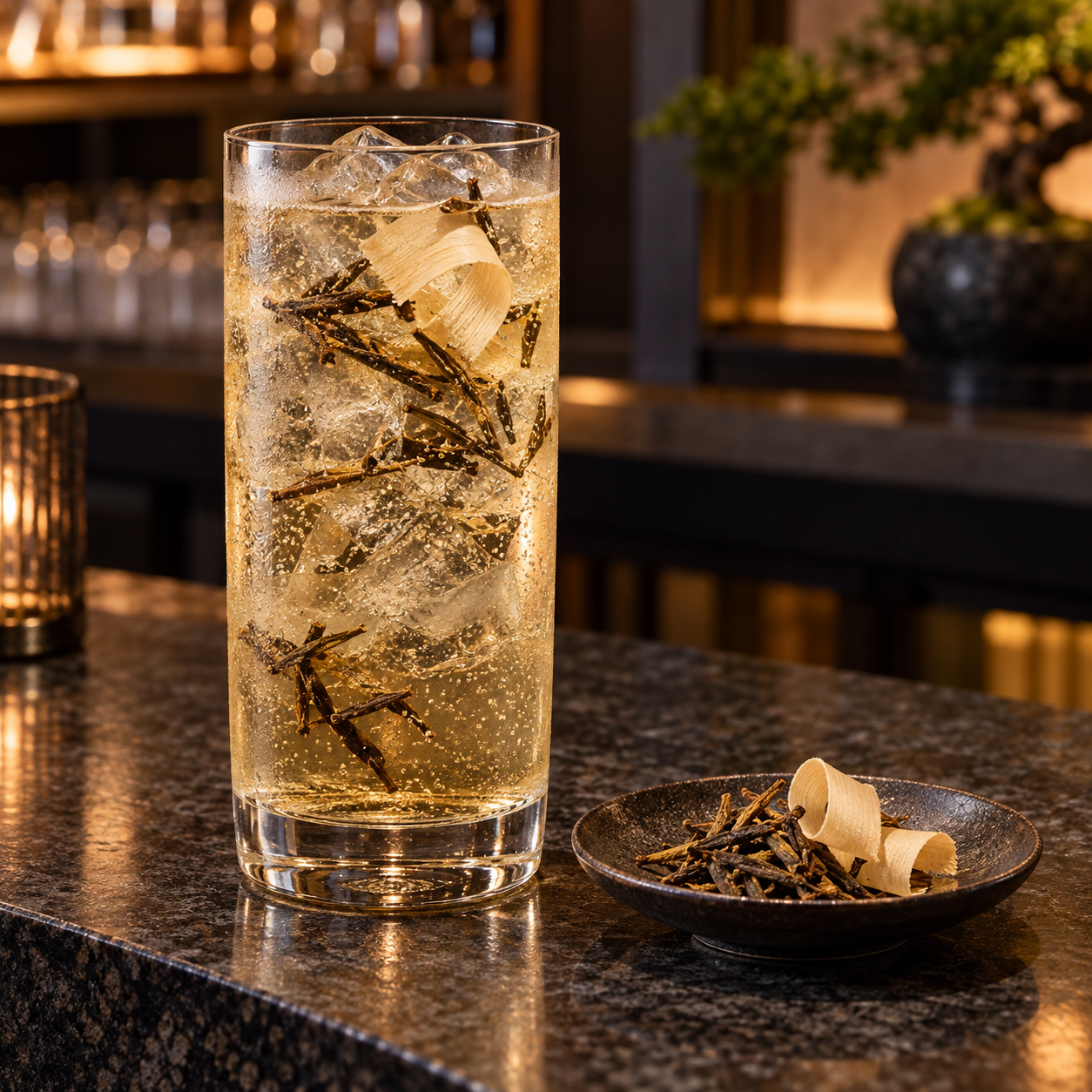 KOMASA GIN HOJICHA served with Soda water, garnished with Hojicha tea leaves and Hinoki shaving
