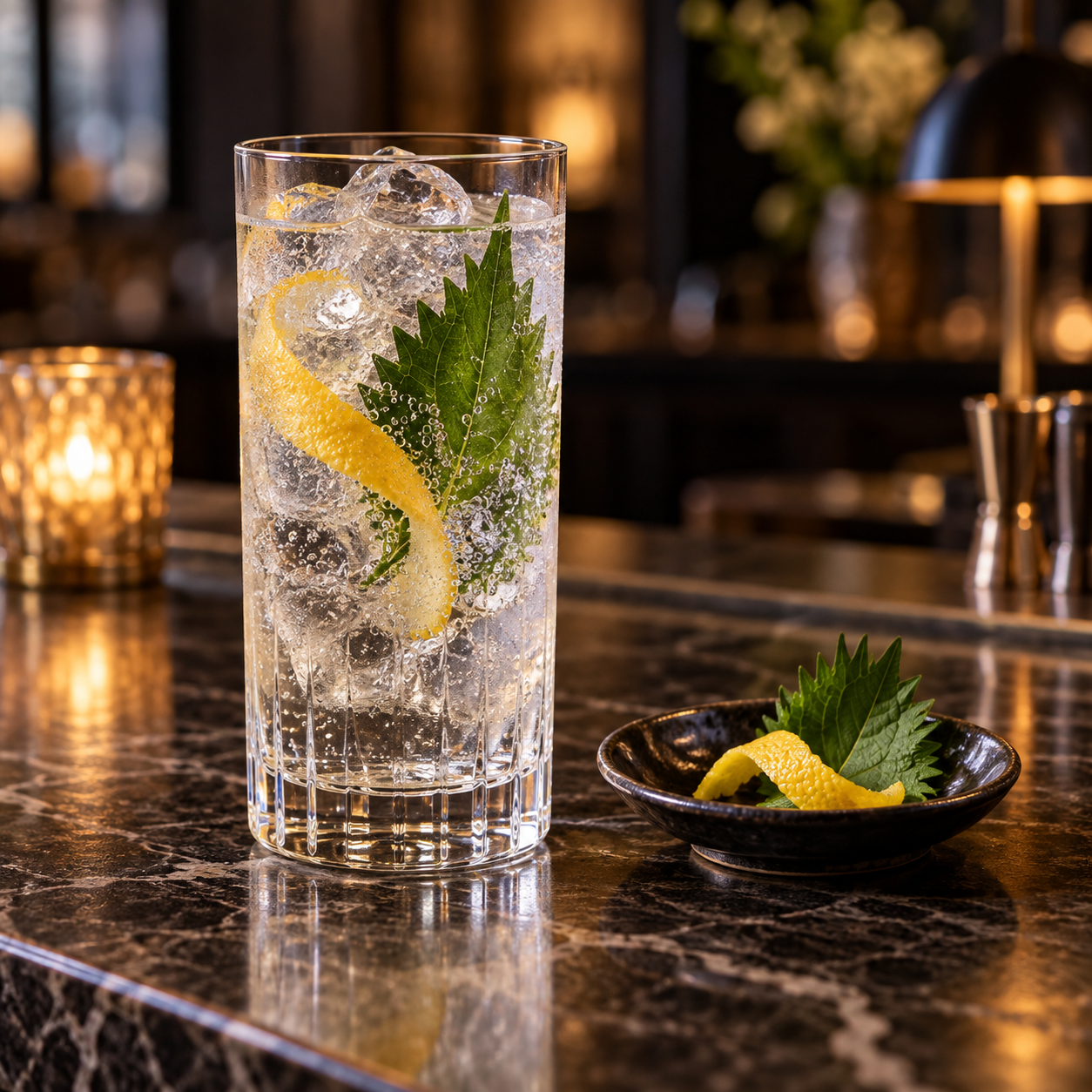 135 East Hyogo Dry Gin served with Indian tonic water, garnished with Yuzu peel and Shiso leaf