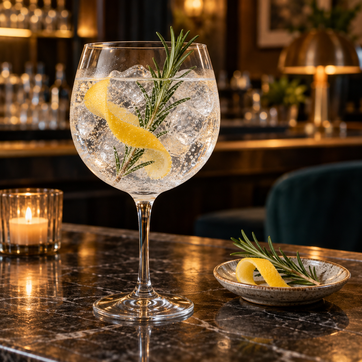 Old Sport Gin served with Indian tonic water, garnished with Lemon peel and Rosemary sprig