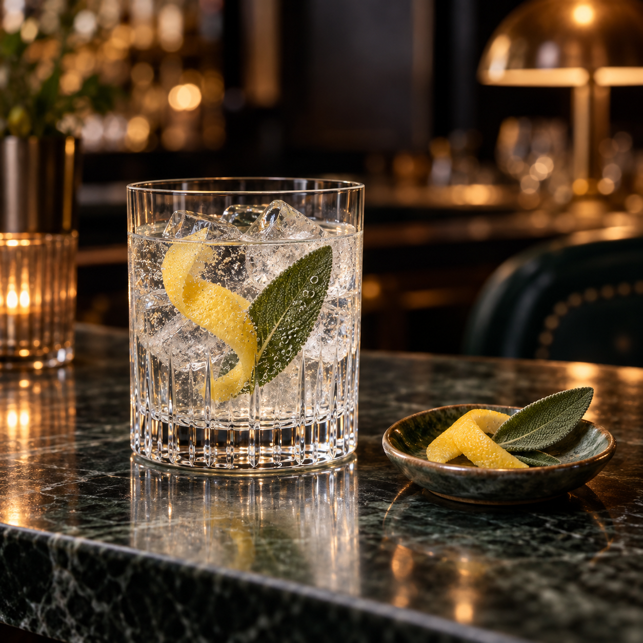 Engine Organic Gin servi avec Mediterranean tonic water, agrémenté de Lemon peel et Sage leaf