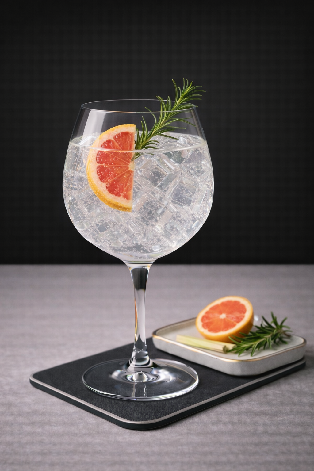 Leodium Gin served with Thomas Henry Tonic Water, garnished with Pink Grapefruit Slice and Fresh Rosemary Sprig