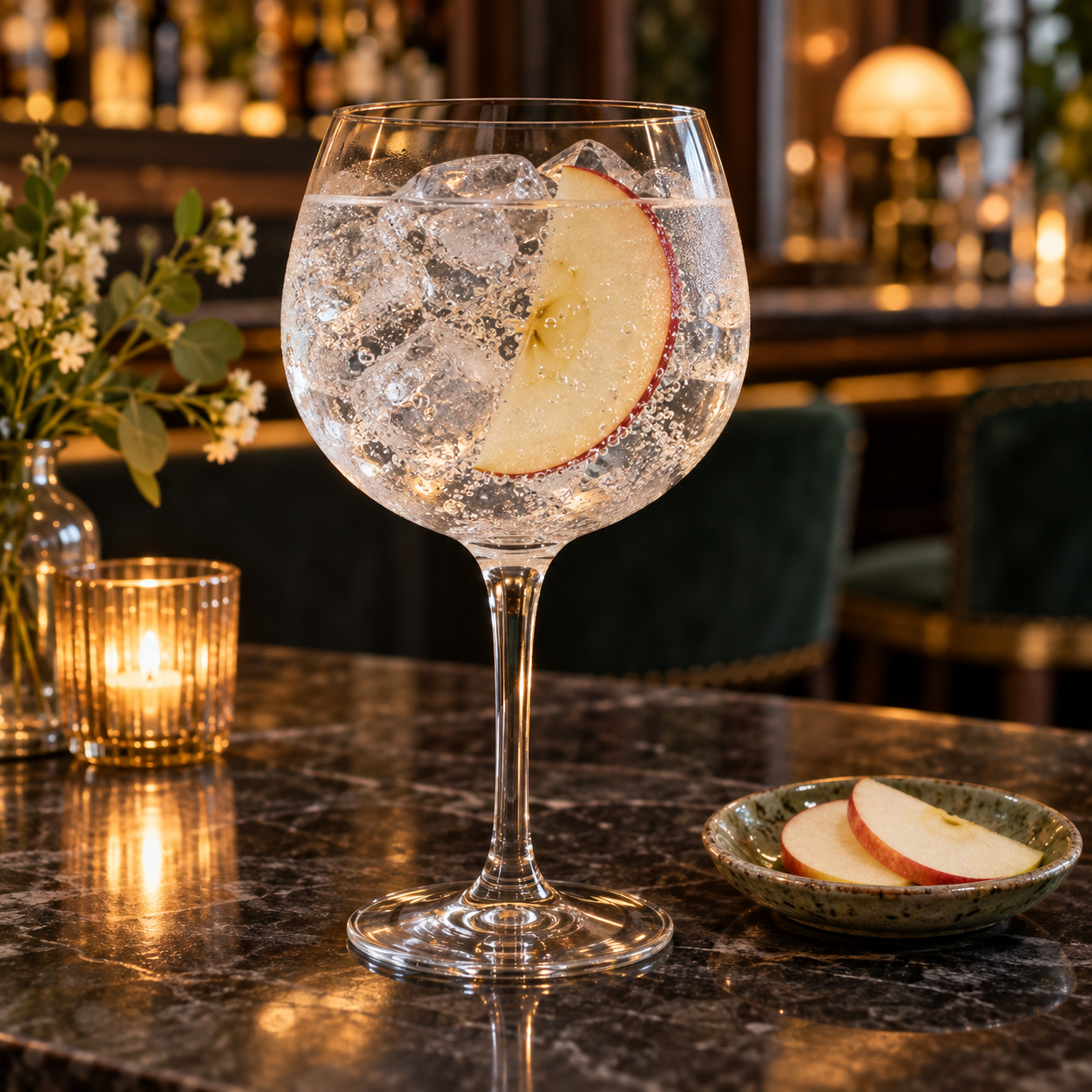 York Gin Ampleforth Apple servi avec Light tonic water, agrémenté de Thin apple slice