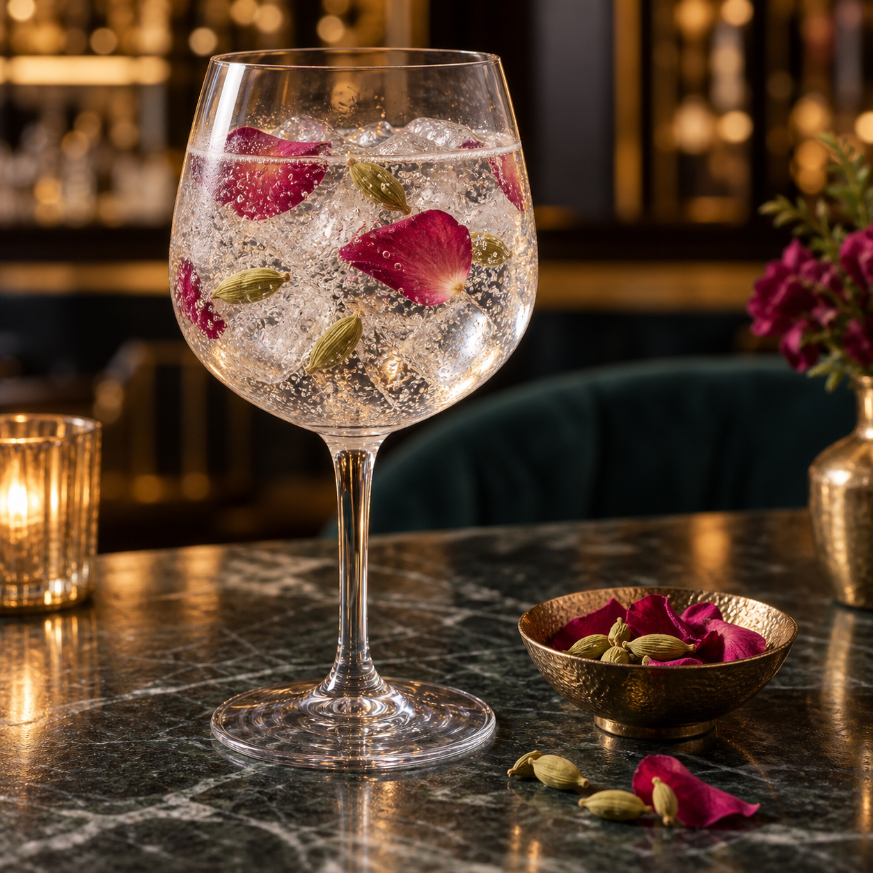 Samsara Contemporary Indian Gin served with Indian tonic water, garnished with Rose petals and Green cardamom pods