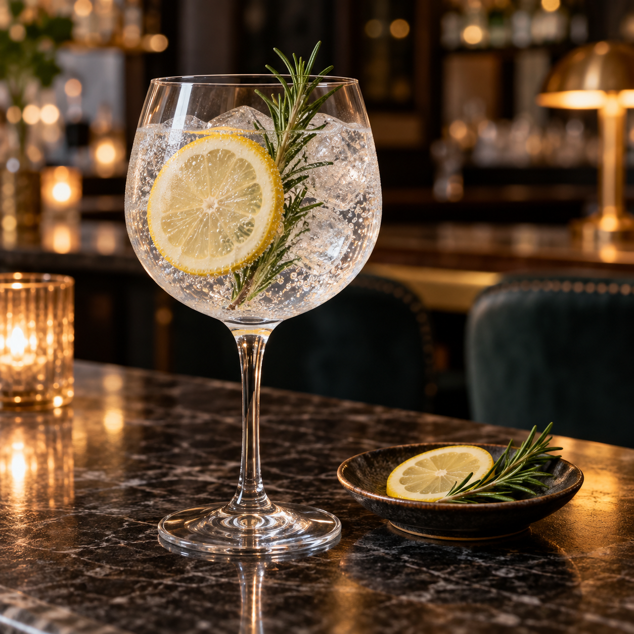 Greater Than London Dry Gin served with Indian tonic water, garnished with Lemon Wheel and Rosemary Sprig