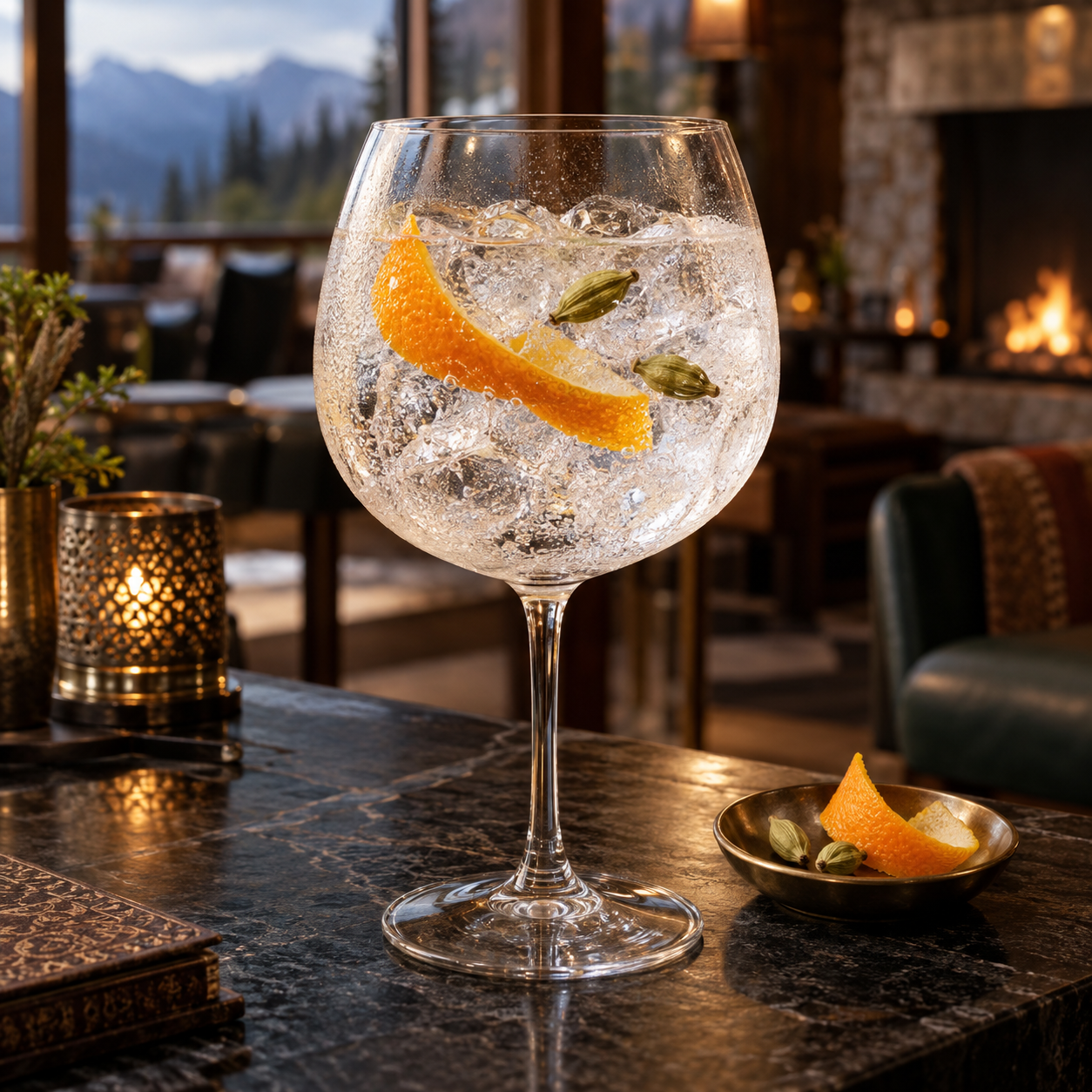 Pumori Small Batch Gin served with Indian tonic water, garnished with Orange peel and Cardamom pods