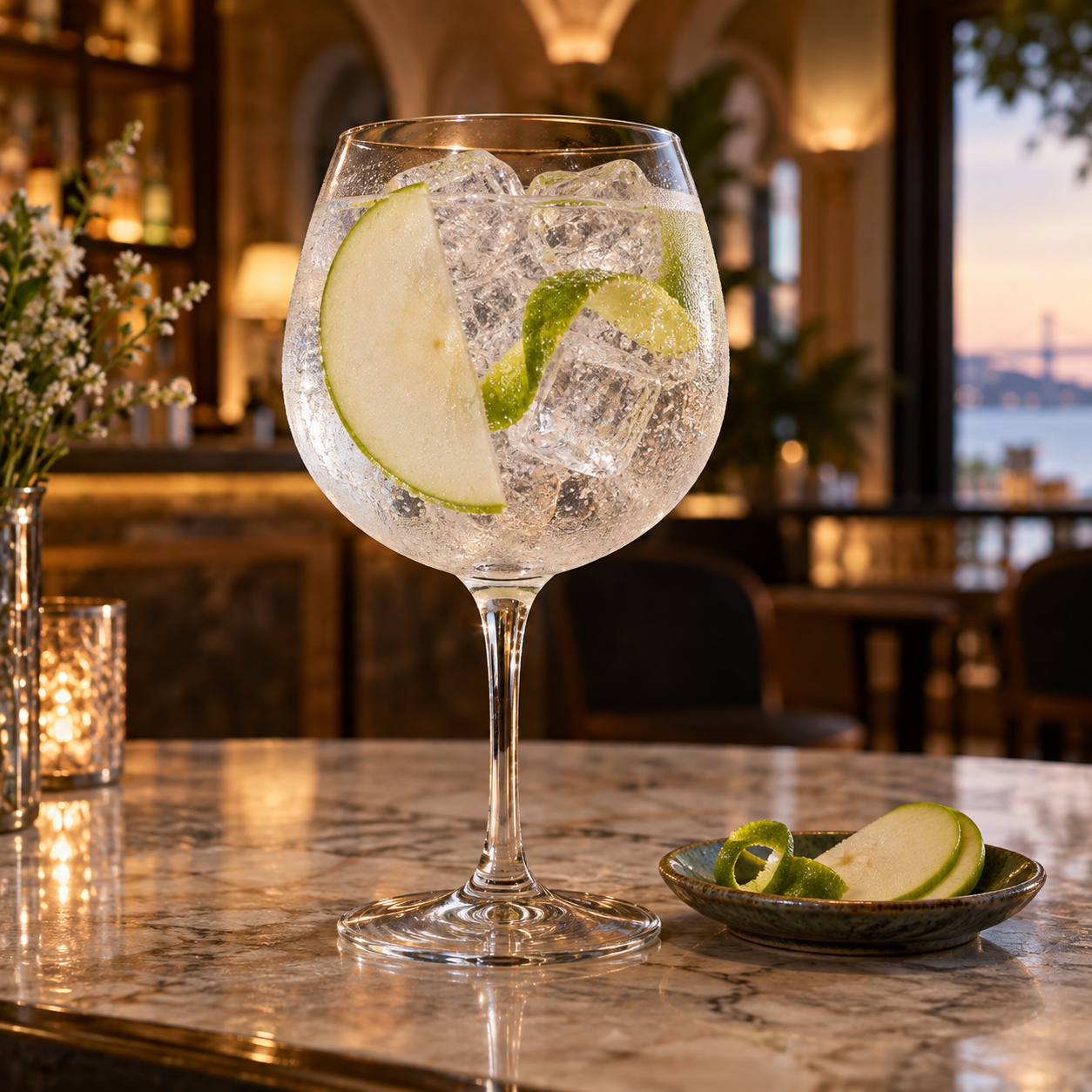 Sharish Gin Distiller's Cut served with Indian tonic water, garnished with Thin apple slice and Lime peel