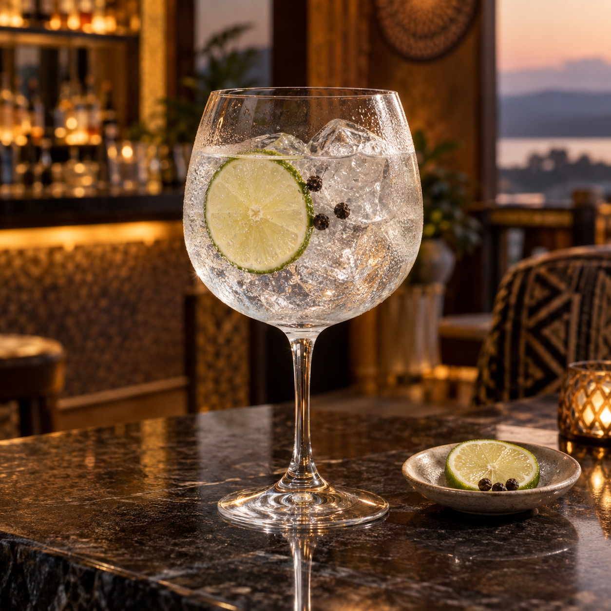Kakira African Dry Gin served with Indian tonic water, garnished with Lime wheel and Black peppercorns