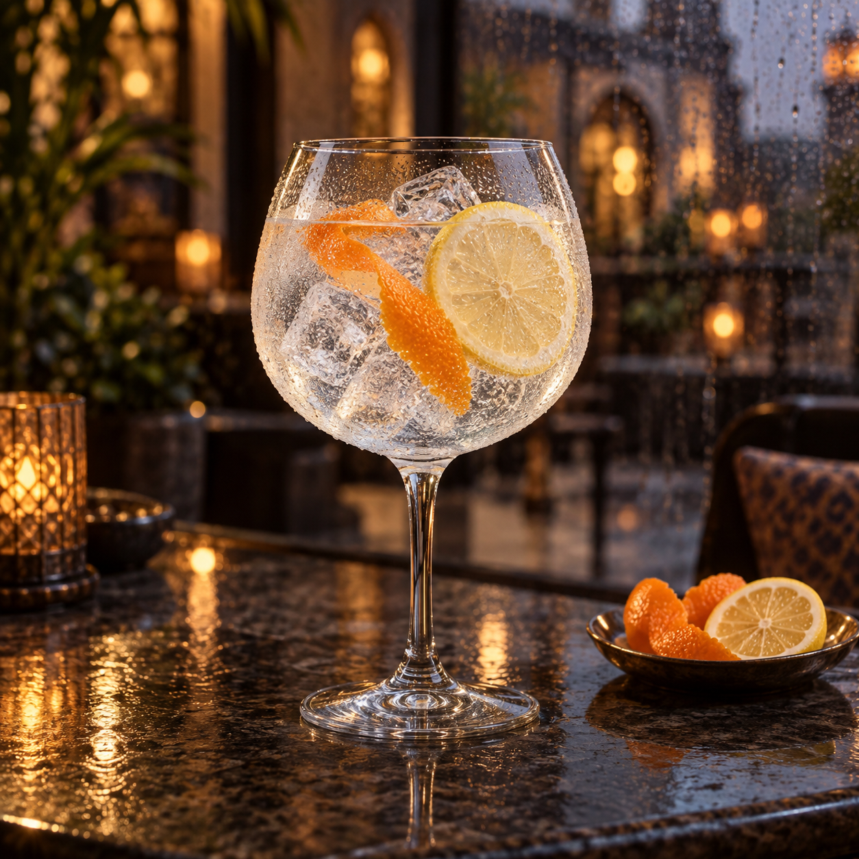 Cherrapunji Eastern Craft Gin served with Indian tonic water, garnished with Khasi mandarin peel and Lemon wheel