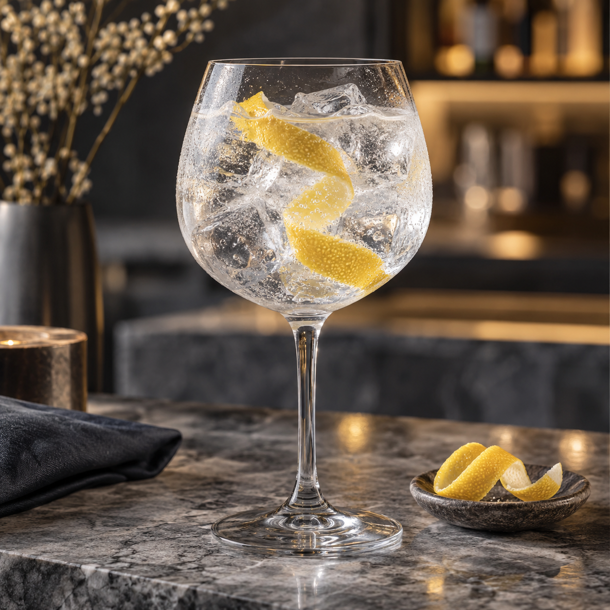 Old Islandia Gin served with Indian tonic water, garnished with Lemon peel