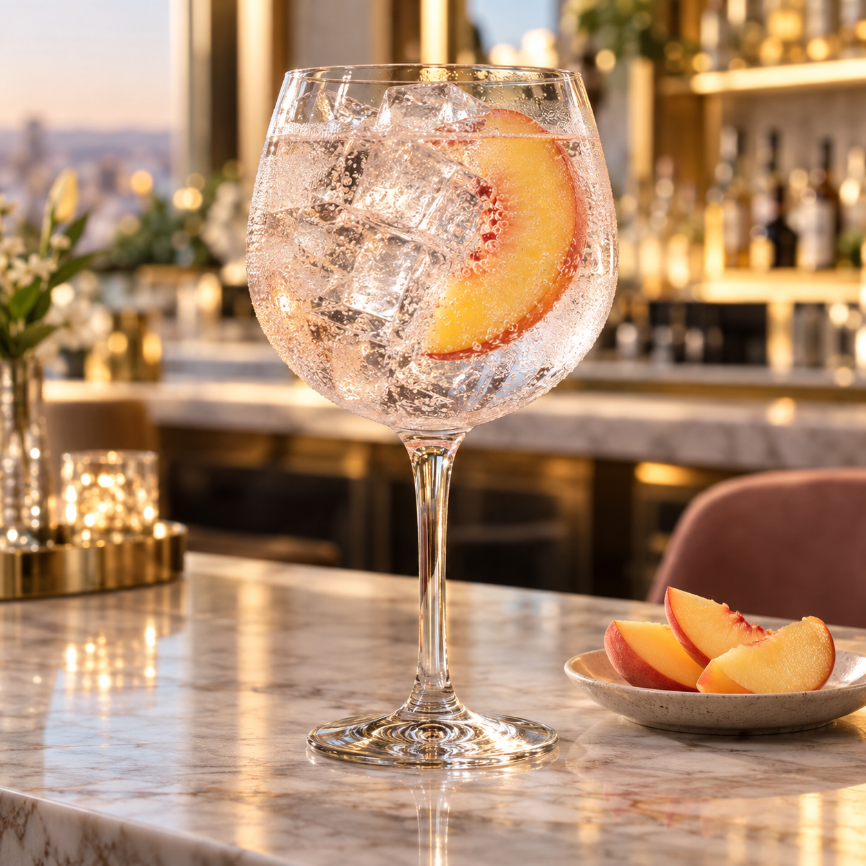 Wembley Peach Gin served with Indian tonic water, garnished with Fresh peach slice