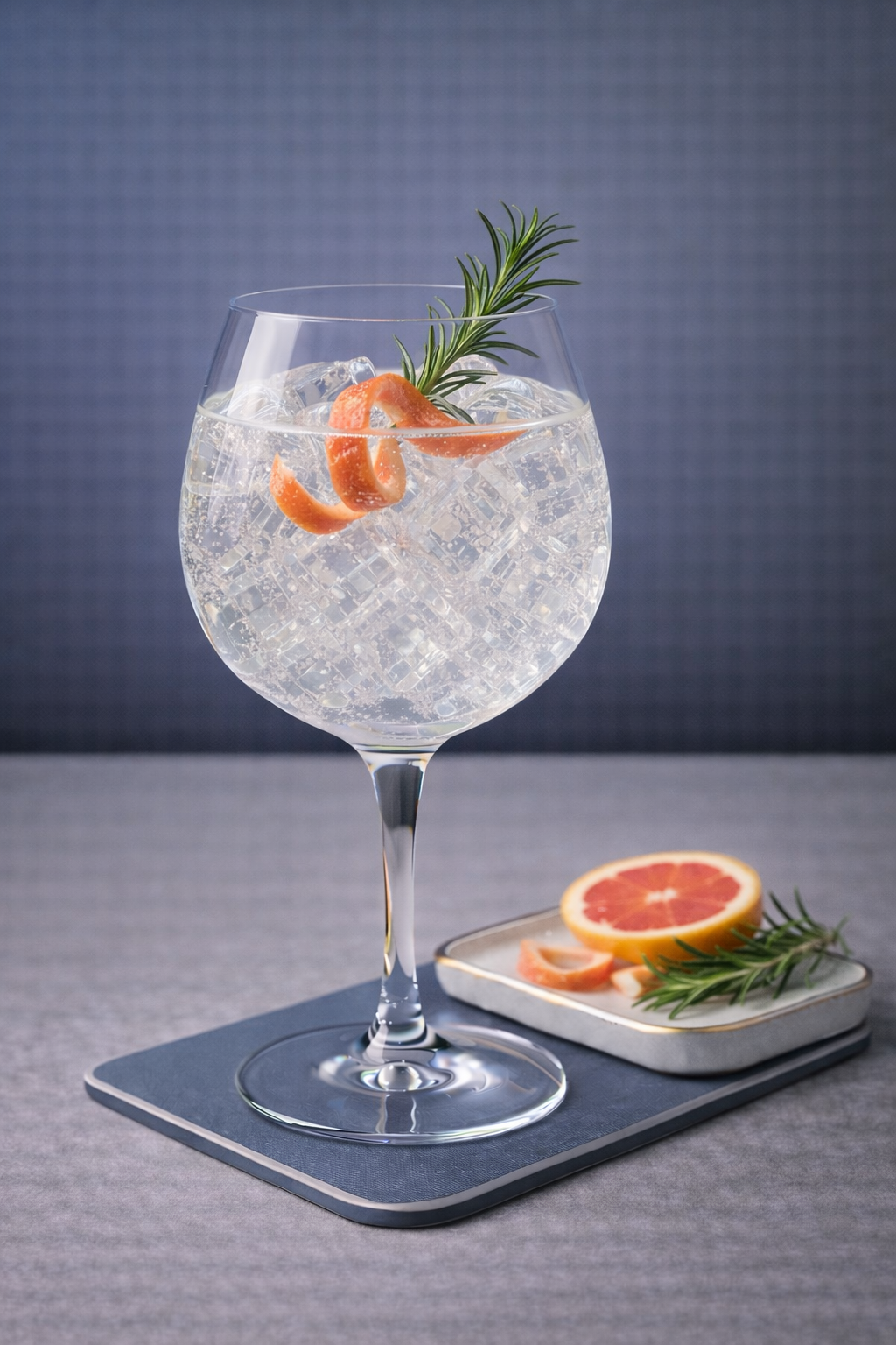 Defiance Premium Gin servi avec Thomas Henry Tonic Water, agrémenté de Pink grapefruit peel et Fresh rosemary sprig