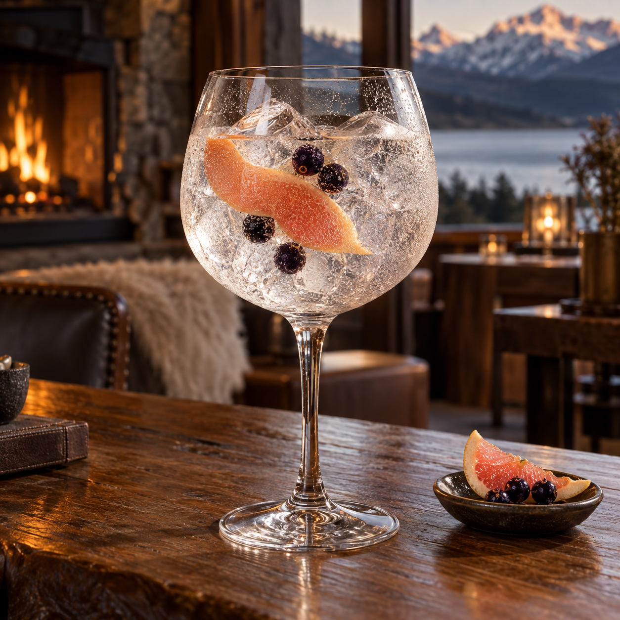 Tepaluma Gin served with Premium tonic water, garnished with Pink grapefruit peel and Maqui berries