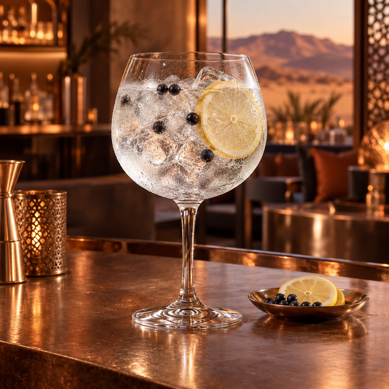 DESOLATE Gins - CLASSIC 7 served with Indian tonic water, garnished with Juniper berries and Lemon wheel
