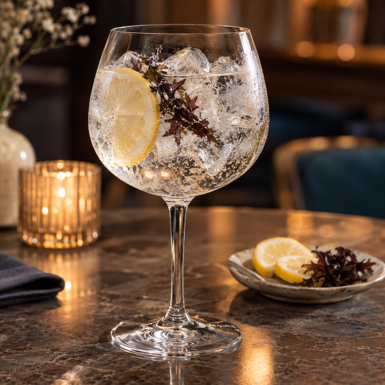 GWYR Sea Star Gin served with Fever-Tree Indian Tonic Water, garnished with Lemon slice and Laver seaweed