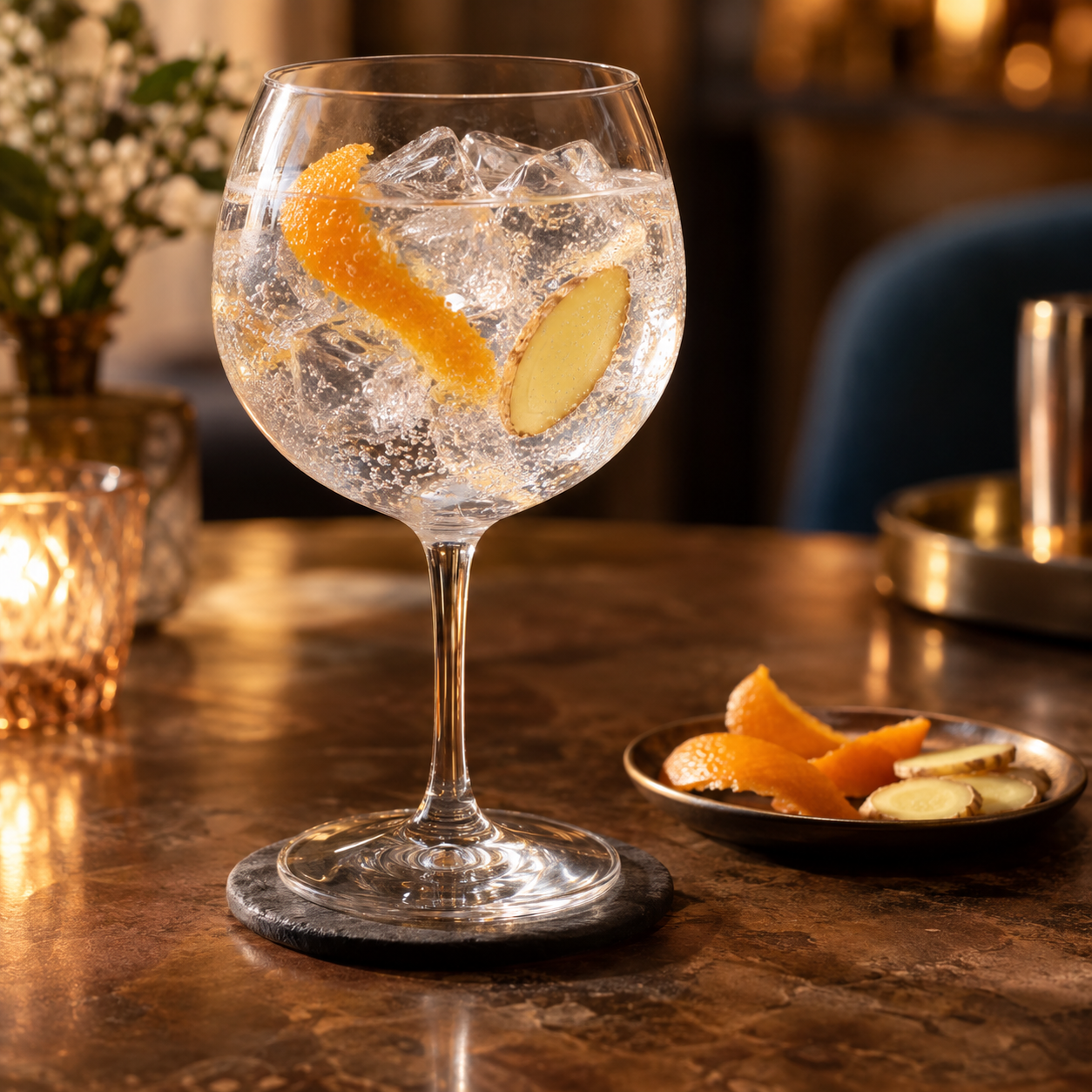 Spirit of Glastonbury Orange & Ginger Navy Gin servi avec Fever-Tree Indian Tonic Water, agrémenté de Orange peel et Ginger slice