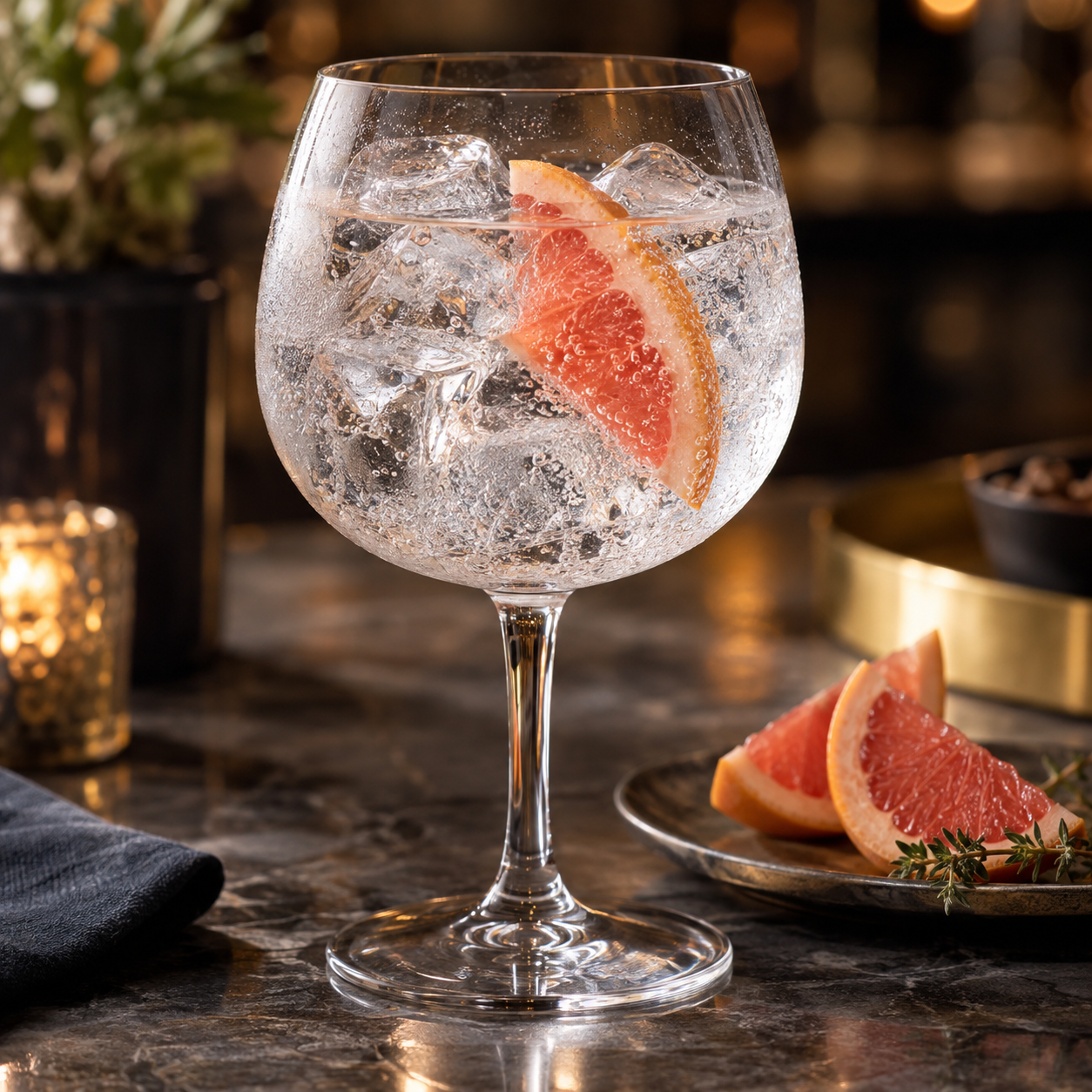 Henstone Navy Gin served with Fever-Tree Mediterranean Tonic Water, garnished with Pink grapefruit wedge