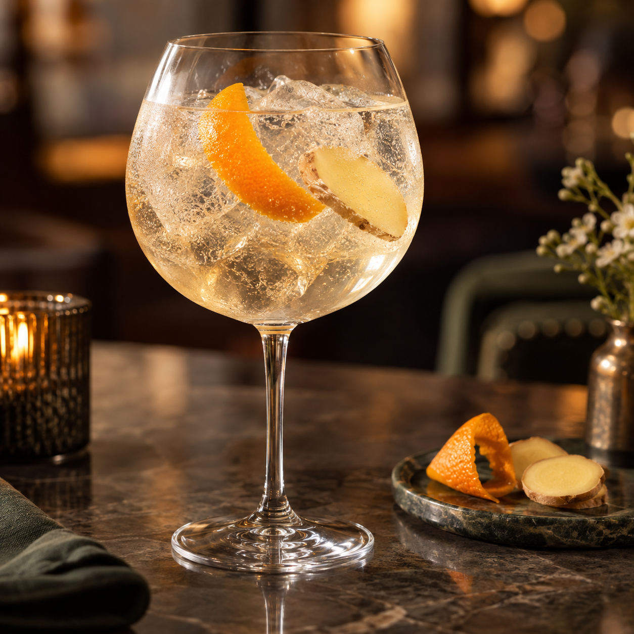 Henstone Orange and Ginger Gin served with Dry ginger ale, garnished with Orange peel and Ginger slice