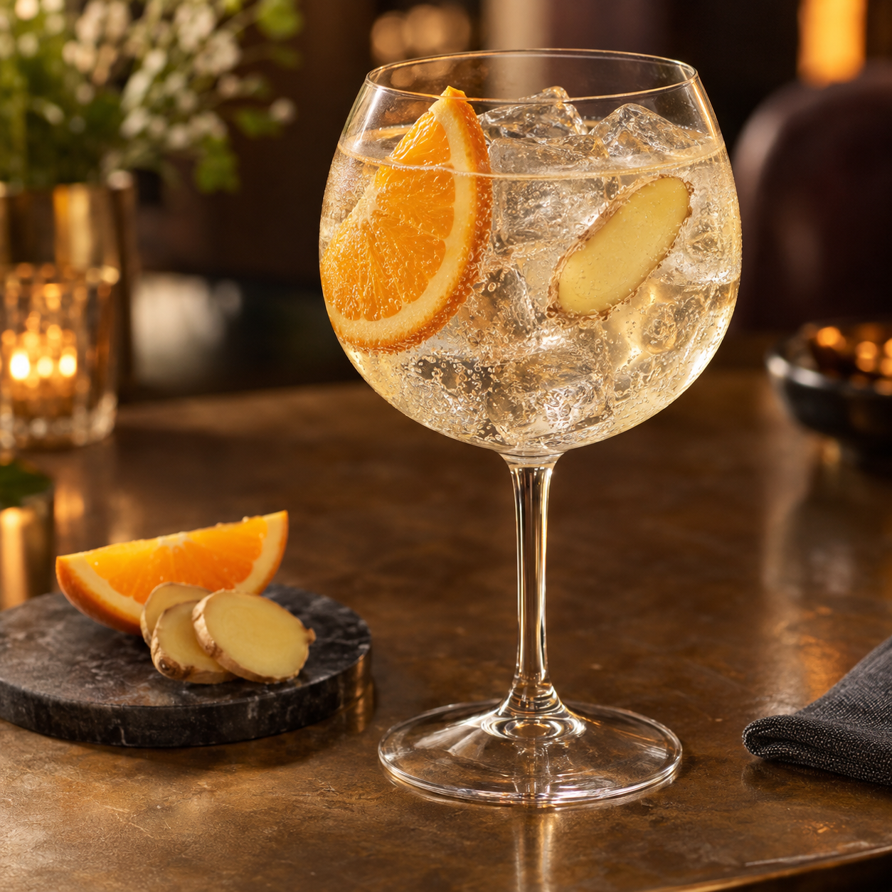 The Shropshire Distillery Aromatic Spiced Gin servi avec Dry ginger ale, agrémenté de Orange slice et Ginger slice