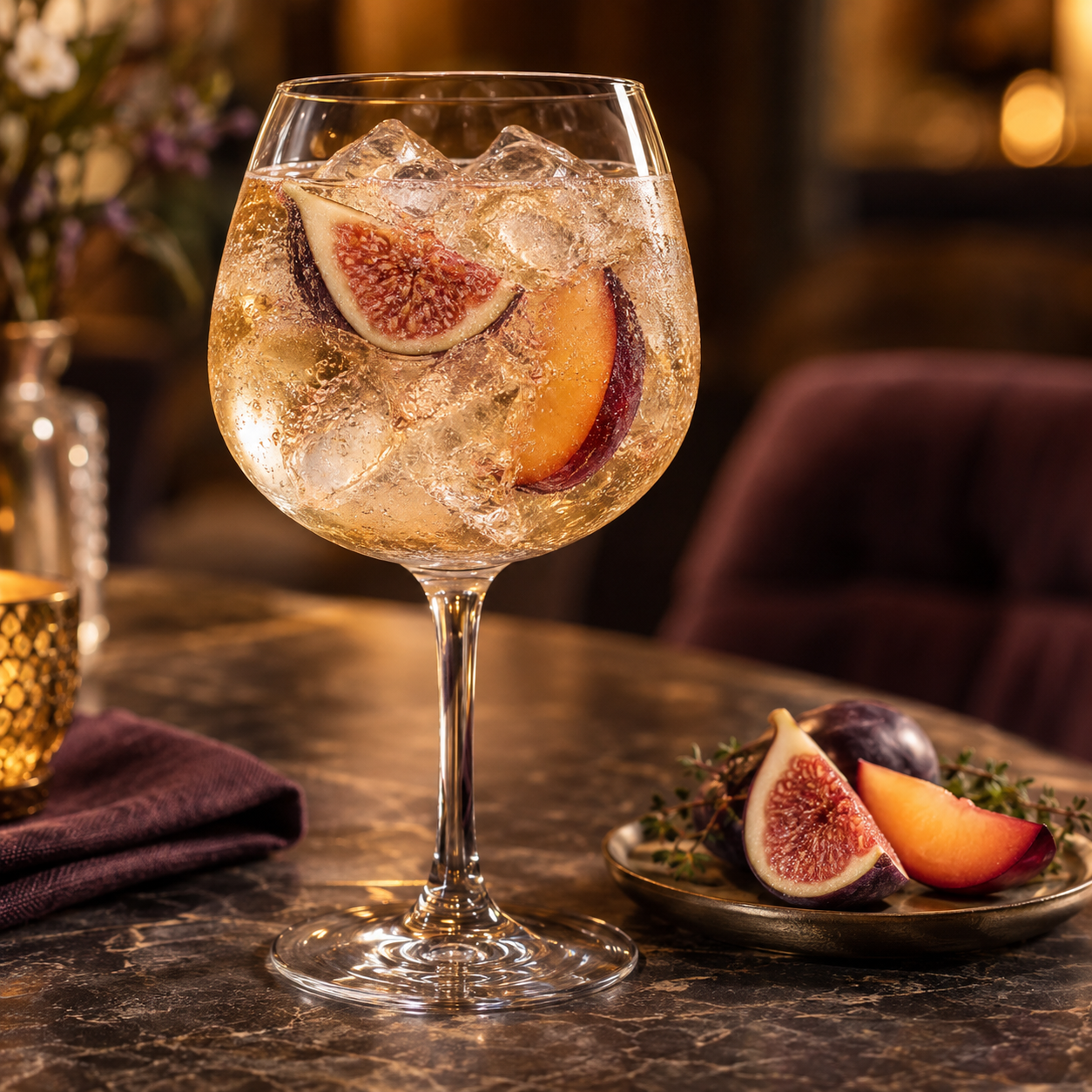 Uncommon Distillery Spiced Fig & Plum Gin servi avec Dry ginger ale, agrémenté de Fig wedge et Plum slice