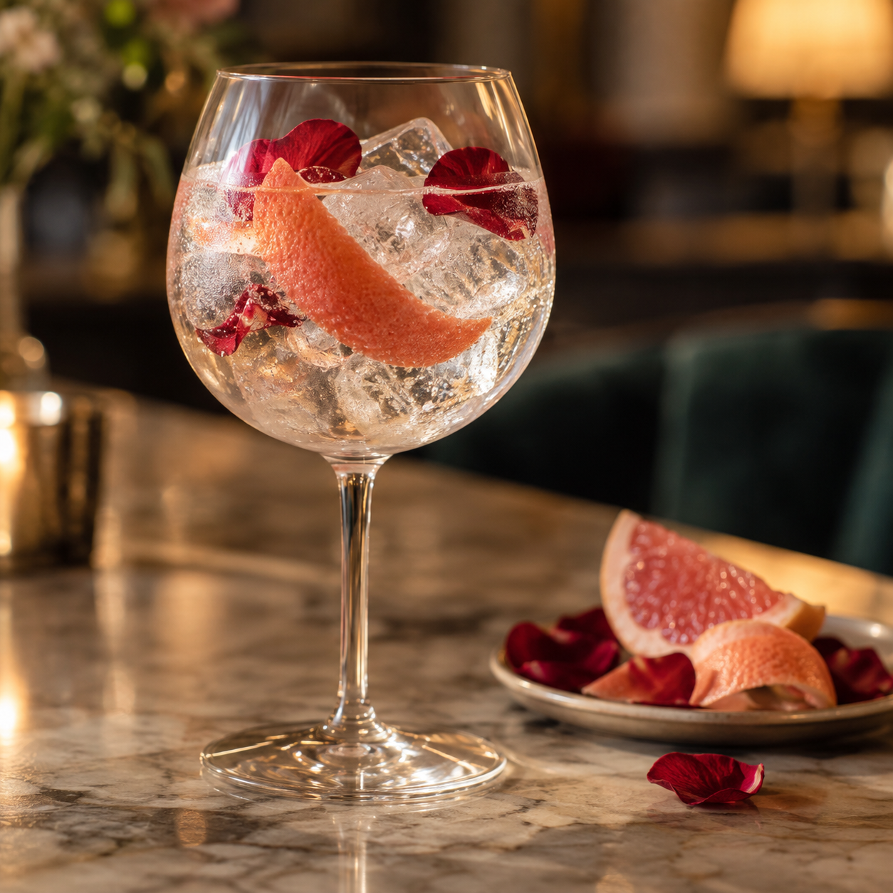 GWYR Rhamanta London Dry Gin servi avec Elderflower tonic water, agrémenté de Pink grapefruit peel et Red rose petals