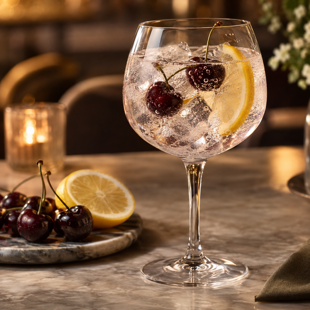 Tarquin's Black Cherry Gin served with Lemon tonic water, garnished with Fresh black cherries and Lemon slice