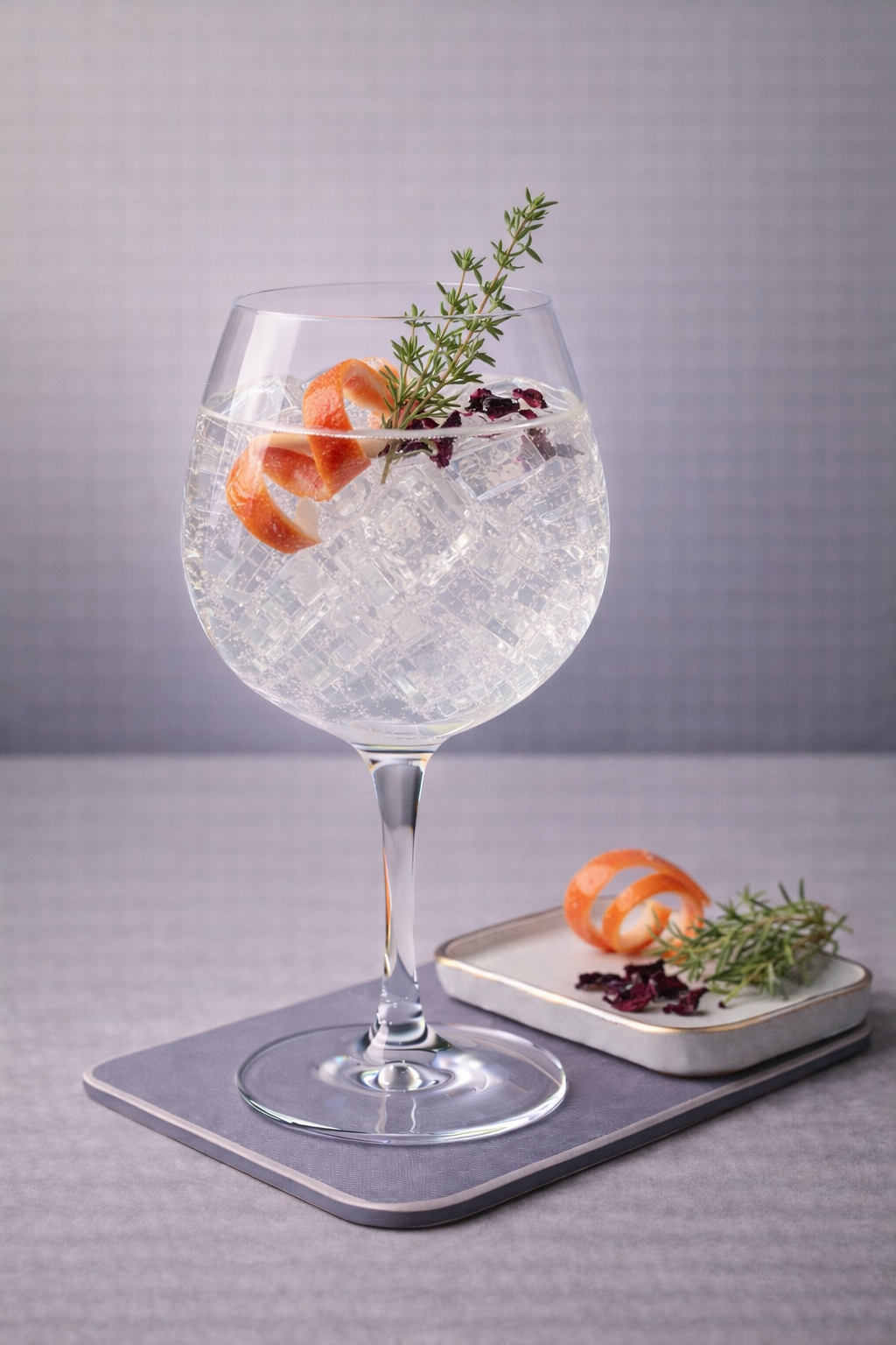 Tobermory Hebridean Mountain Gin servi avec Thomas Henry Tonic Water, agrémenté de Blood Orange Peel Twist et Fresh Thyme Sprig