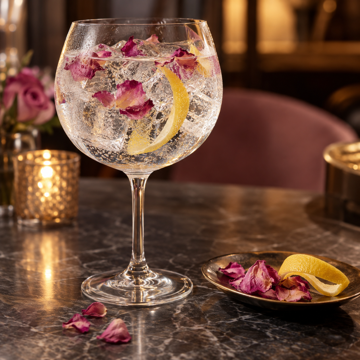 Heaven & Hell Premium Damask Rose London Dry Gin served with Fever-Tree Indian Tonic Water, garnished with Damask rose petals and Lemon peel