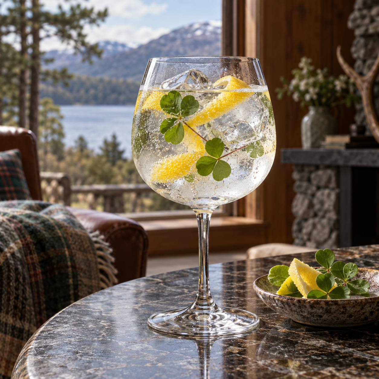 Ariundle Gin servi avec Fever-Tree Indian Tonic Water, agrémenté de Lemon peel et Wood sorrel leaves
