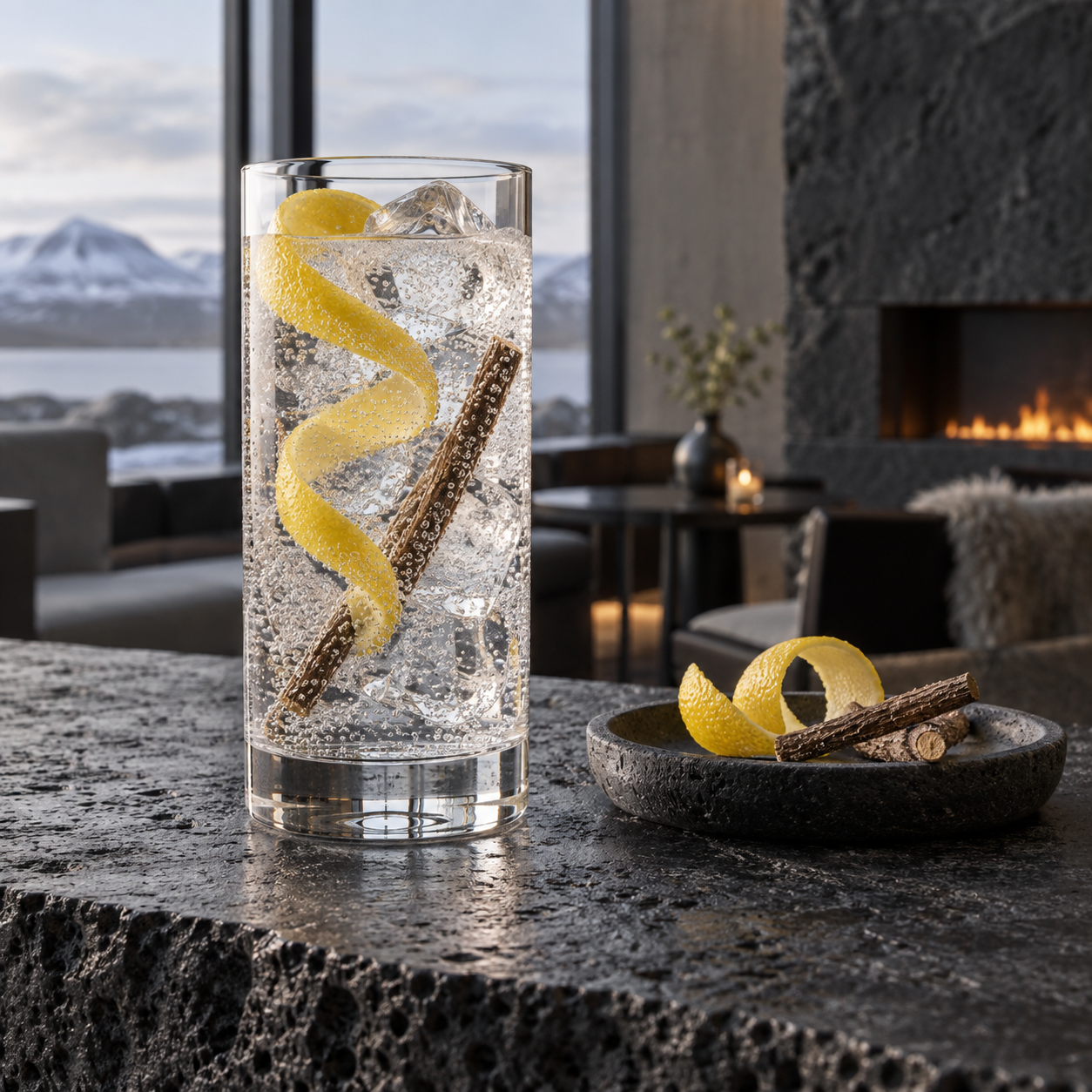 ASKUR Gin servi avec Fever-Tree Indian Tonic Water, agrémenté de Lemon peel